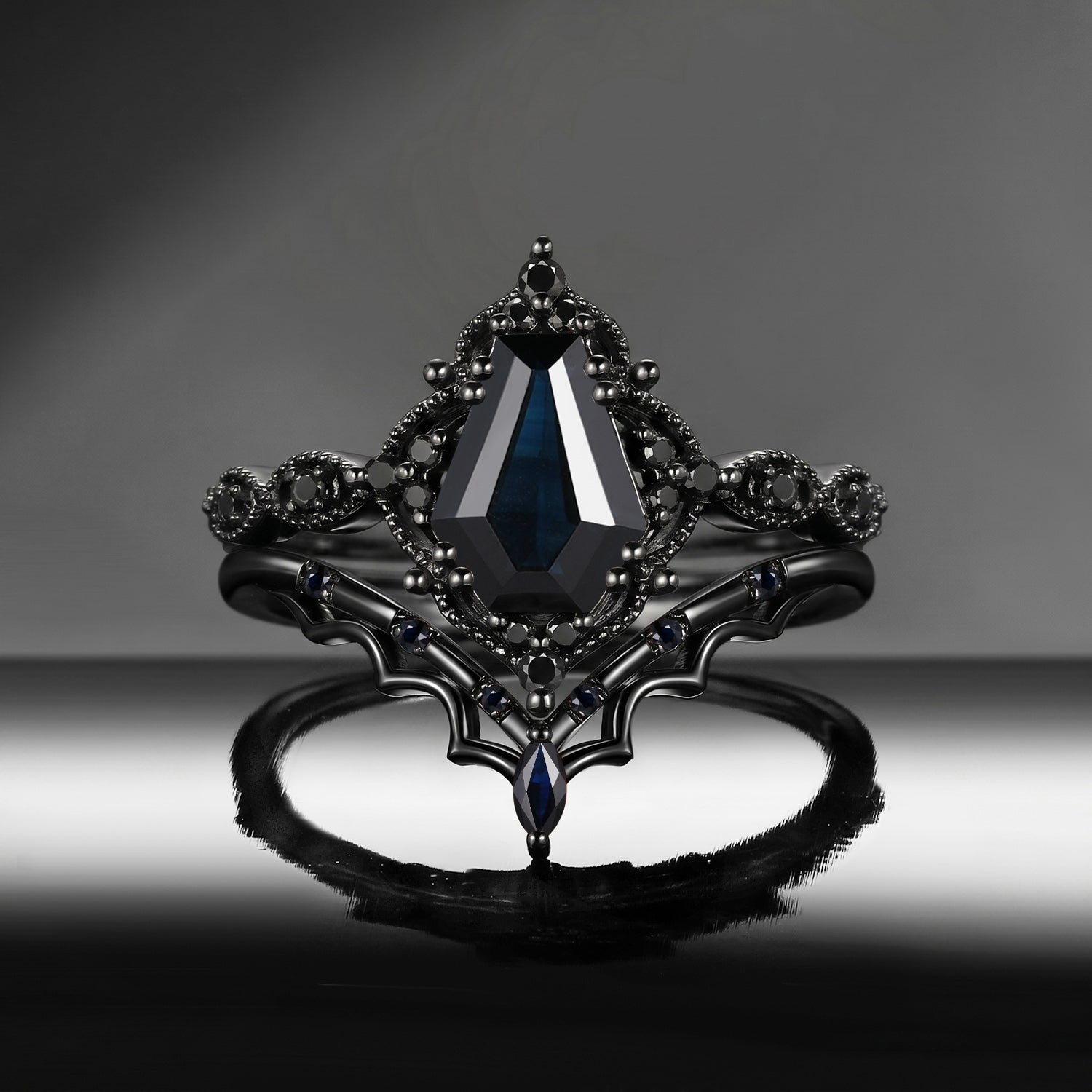 'Bat's Whisper' - Gothic Coffin Natural Black Sapphire Alternative Bridal Engagement Ring Set with Bat Wings in Black Gold