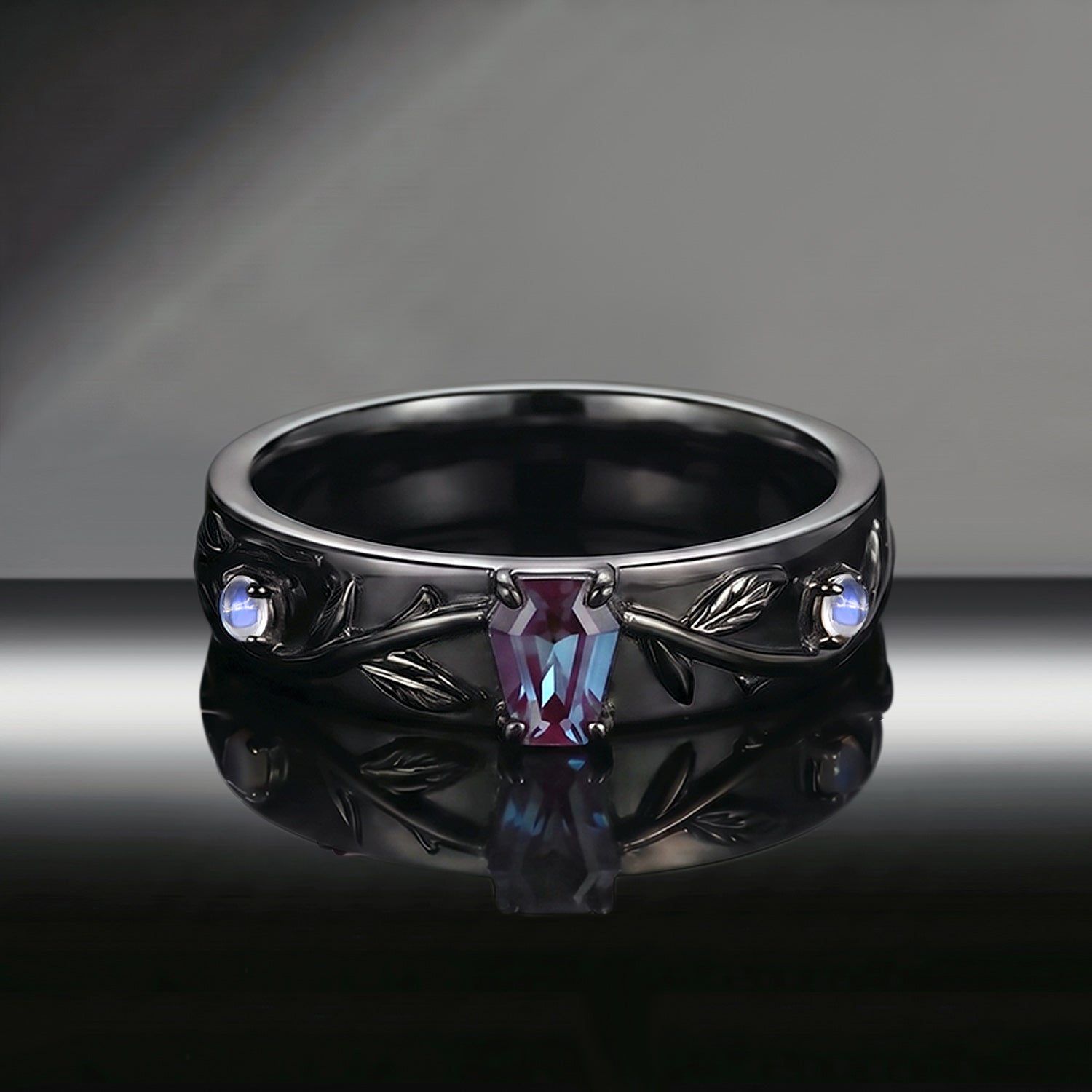 Thorns & Roses - Nature Inspired Coffin Lab Alexandrite Wedding Band with Leaf Vine-inspired Engraving