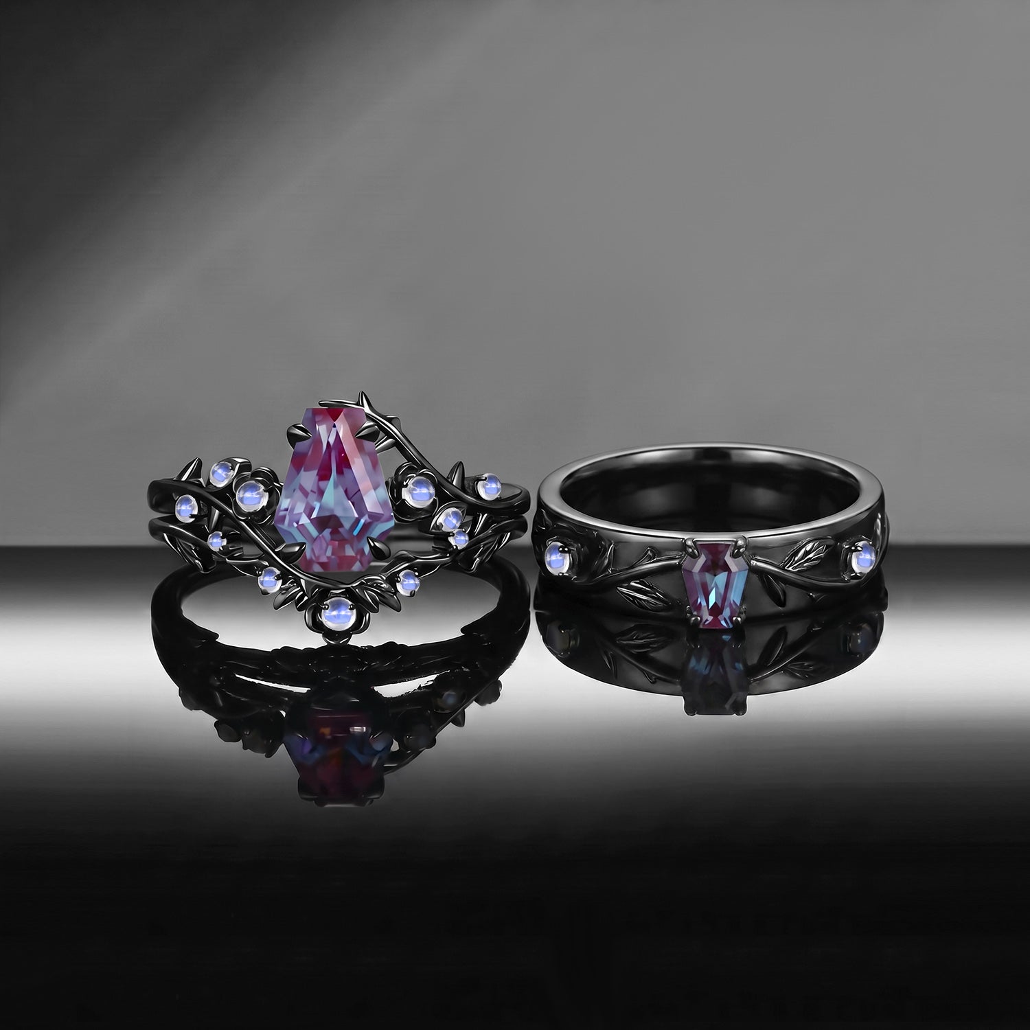 Thorns & Roses - Nature Inspired Coffin Lab Alexandrite & Moonstone Couple Ring Set with Leaf Vine-inspired Band