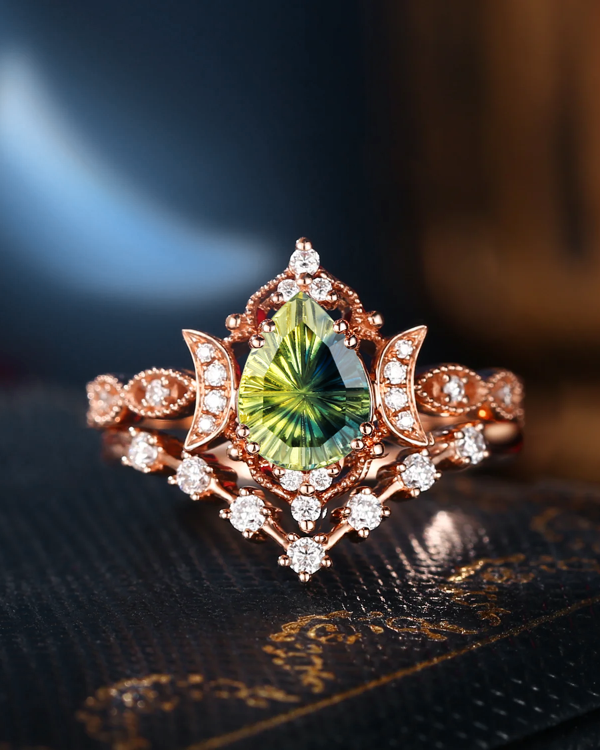 Crescent Moon | Fantasy Carved Pear Shaped Natural Multi-Colored Sapphire Galaxy Engagement Ring Set 2pcs