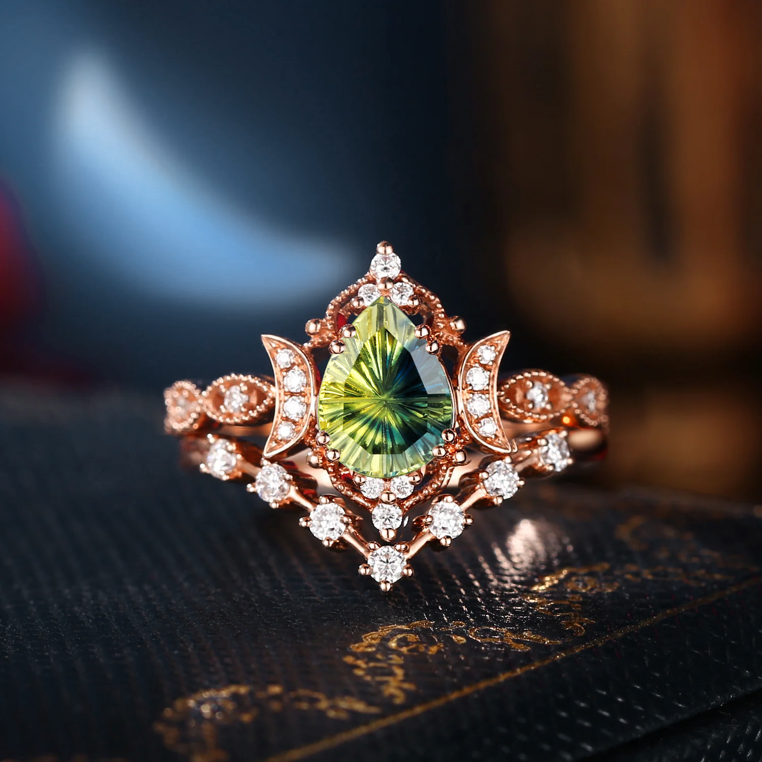 Crescent Moon | Fantasy Carved Pear Shaped Natural Multi-Colored Sapphire Galaxy Engagement Ring Set 2pcs