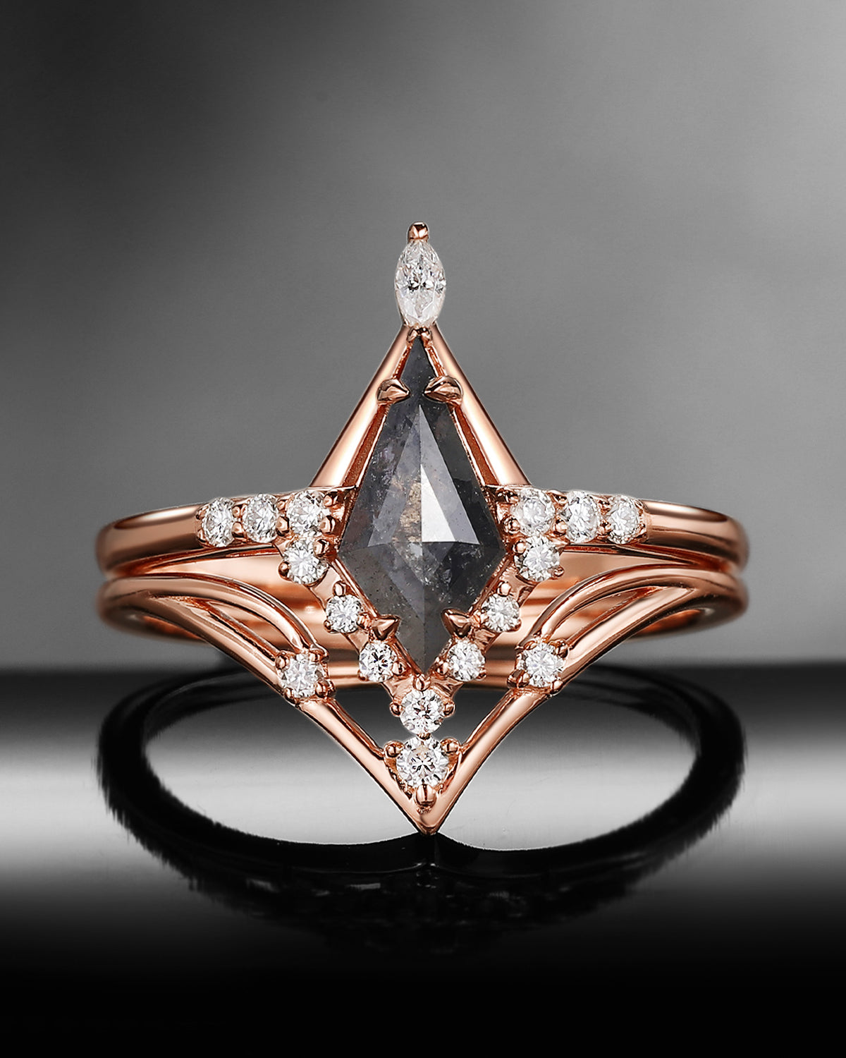 Unique Elegant Cluster Kite Natural Salt & Pepper Diamond Chevron Engagement Ring Set 2pcs