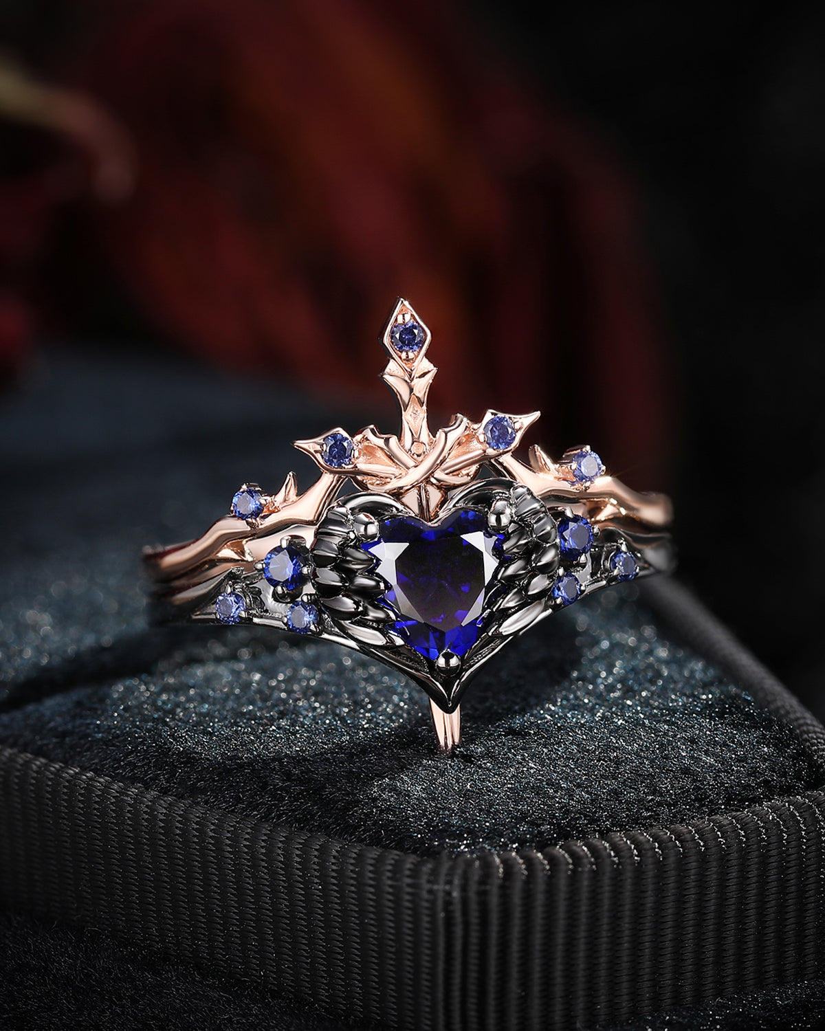 'Pierced Heart' - Gothic Inspired Lab Sapphire Heart Sword Ring Two-Tone Bridal Set
