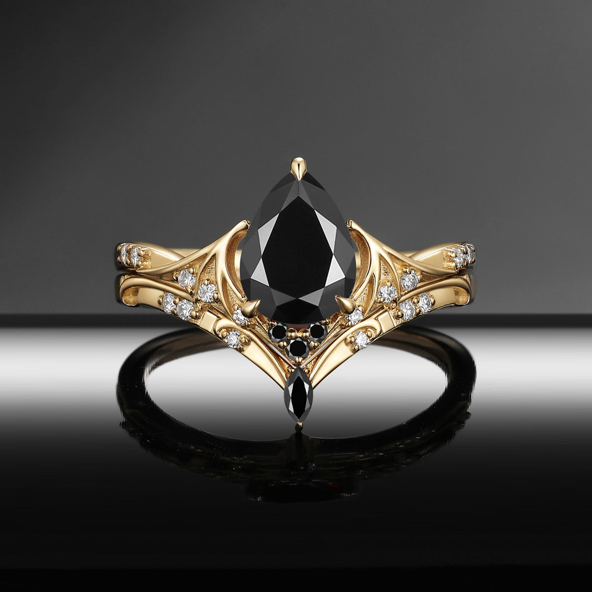 Bat Ring - Gothic Pear Cut Black Moissanite Alternative Bridal Ring Set with Bat Wing Band