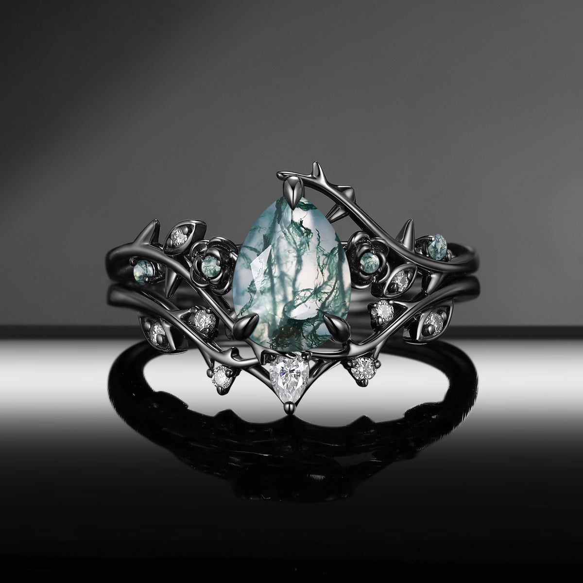 Thorns & Roses - Nature Inspired Pear Cut Moss Agate Engagement Ring Set with Twisted Vine Band