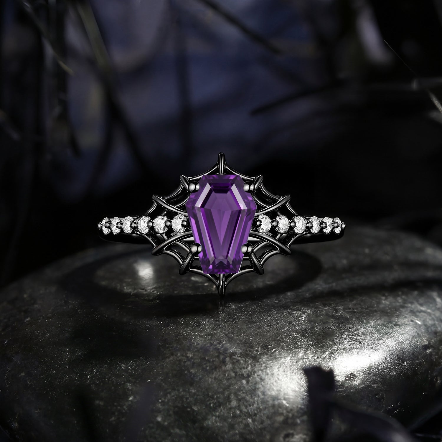 Spider Ring - Gothic Coffin Cut Amethyst Engagement Ring with Spider Web Inspired Band in Black Gold