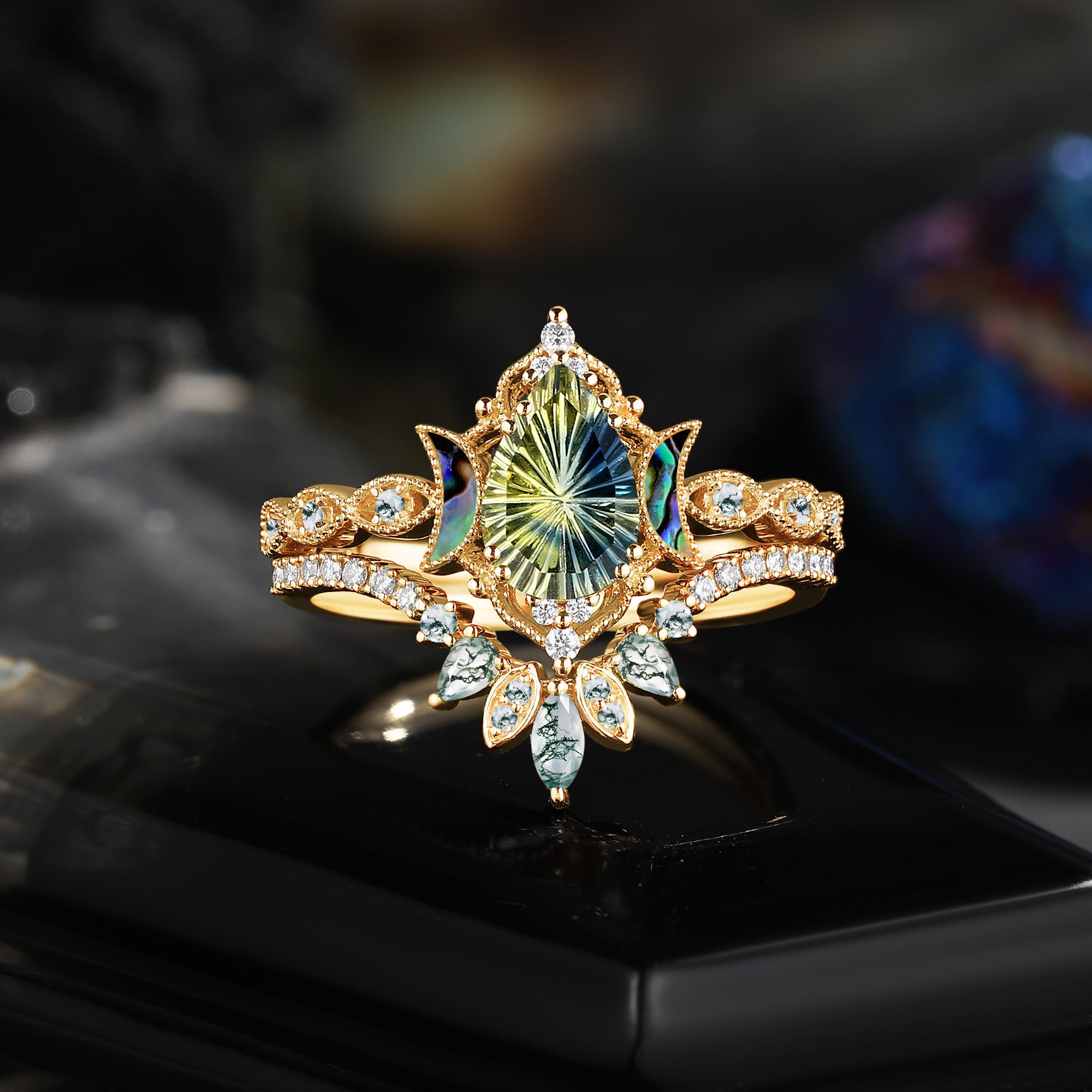 Crescent Moon | Fantasy Cut Pear Shaped Natural Multi-Colored Sapphire 'Ultra Galaxy' Engagement Ring Set 2pcs