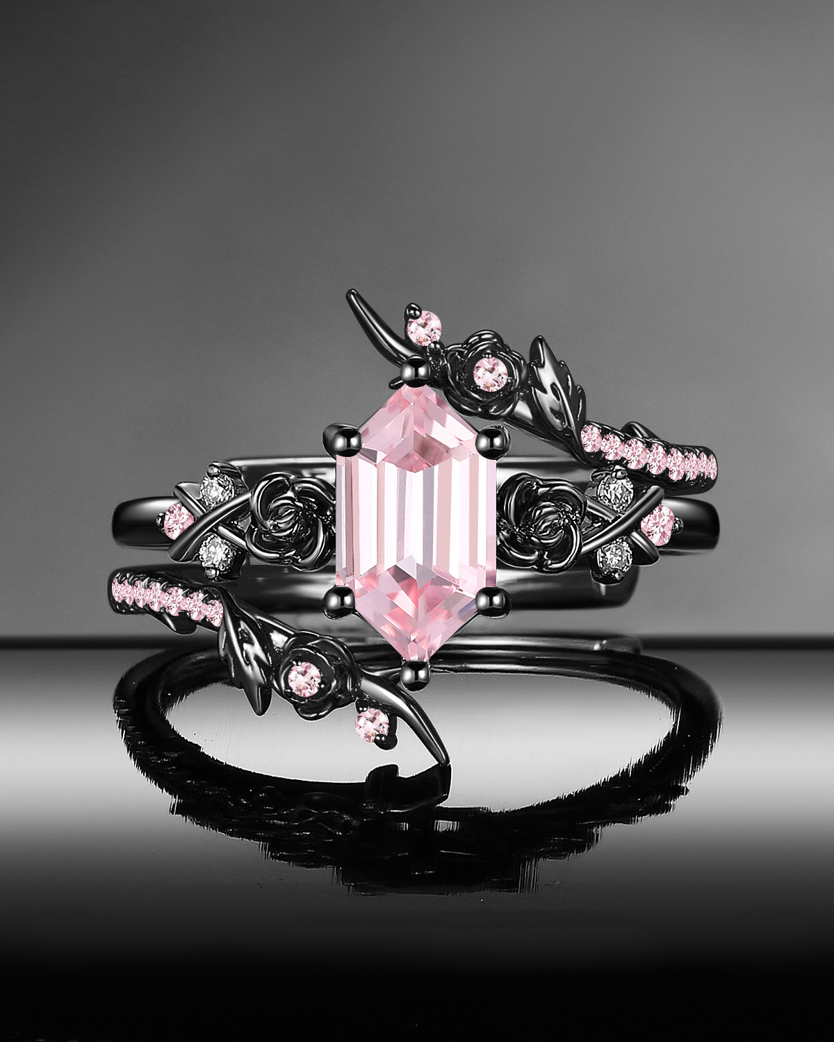 Gothic Nature Inspired Long Hexagon Lab Pink Sapphire Black Gold Cage Ring Bridal Set 2pcs - 'Thorns & Roses'