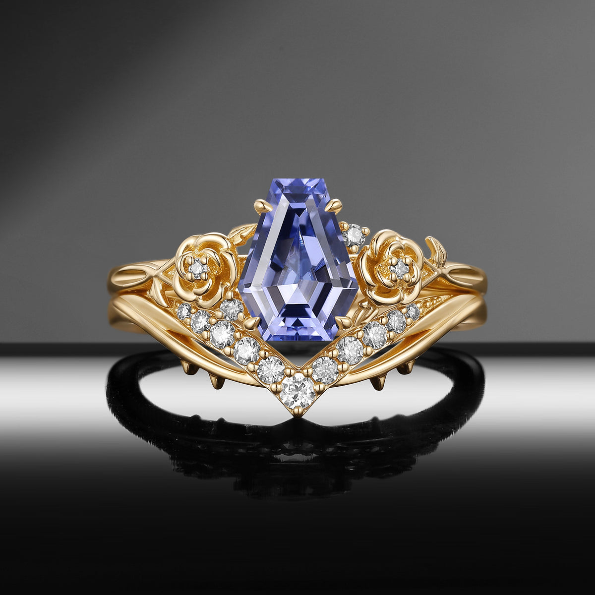 Thorns & Roses - Gothic Coffin Cut Lab Lavender Sapphire Flower Engagement Ring Set with Rose-Inspired Band