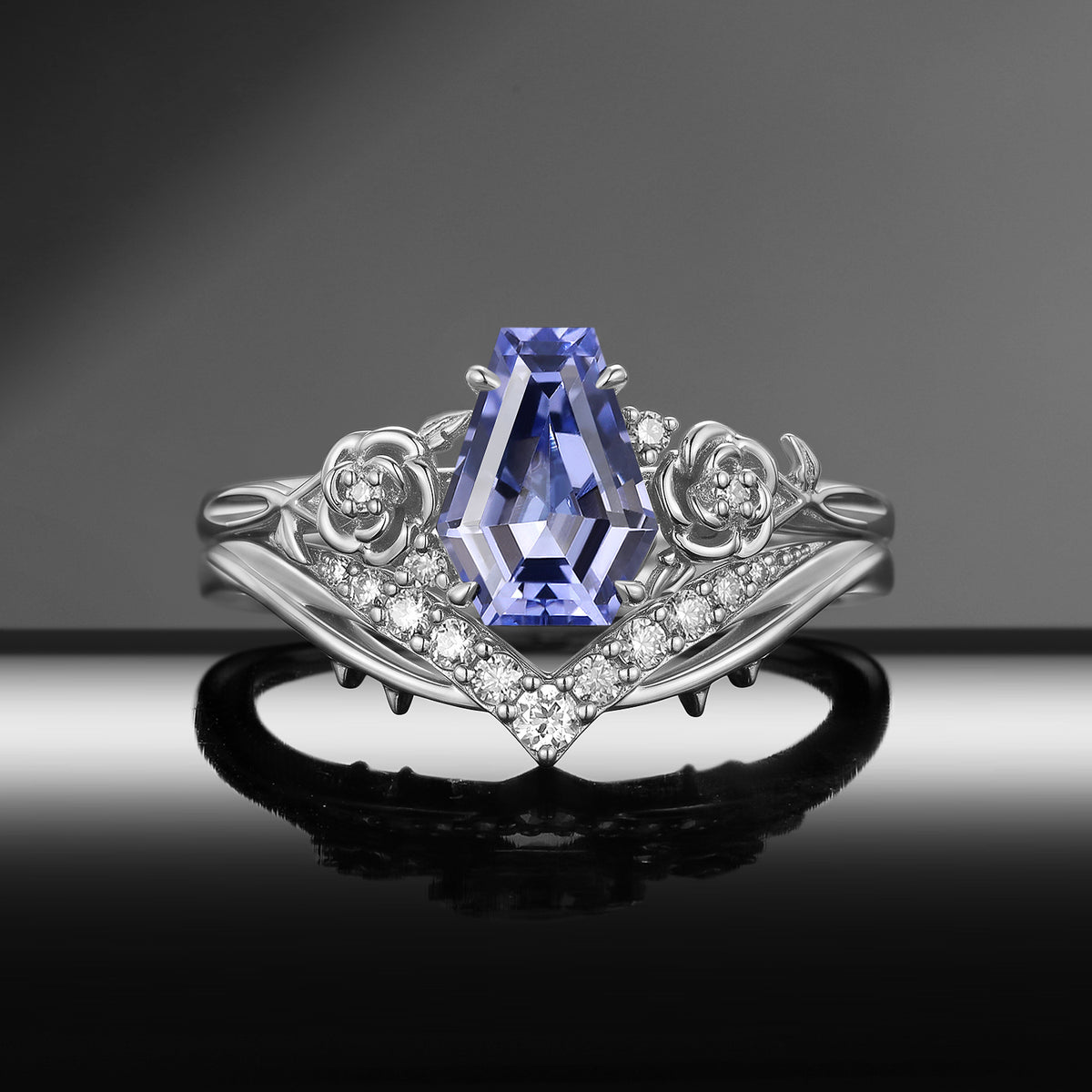 Thorns & Roses - Gothic Coffin Cut Lab Lavender Sapphire Flower Engagement Ring Set with Rose-Inspired Band