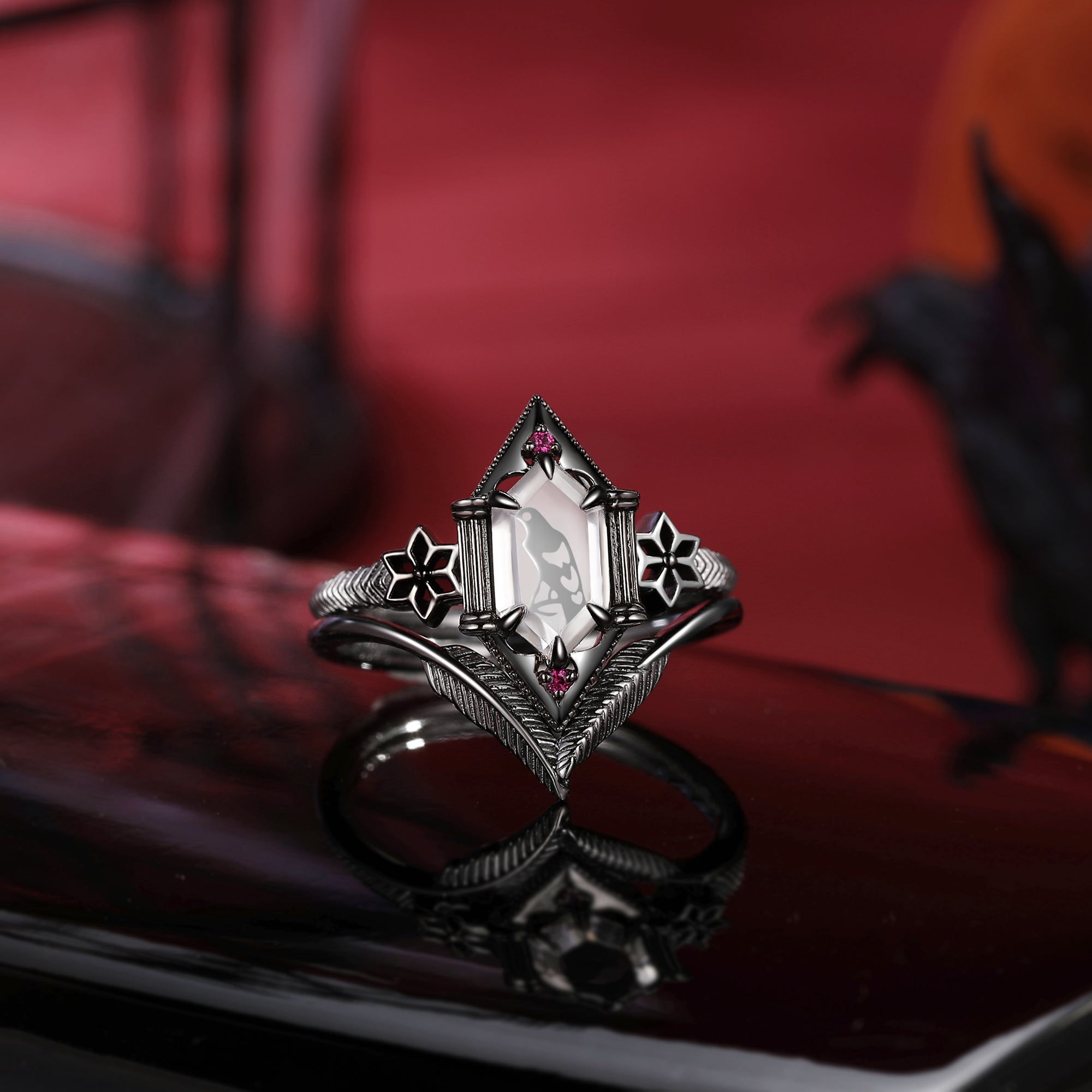 Gothic Style Long Hexagon Cut Moissanite Crow Inspired 'Caged Bird' Engagement Ring Halloween Bridal Sets 2pcs