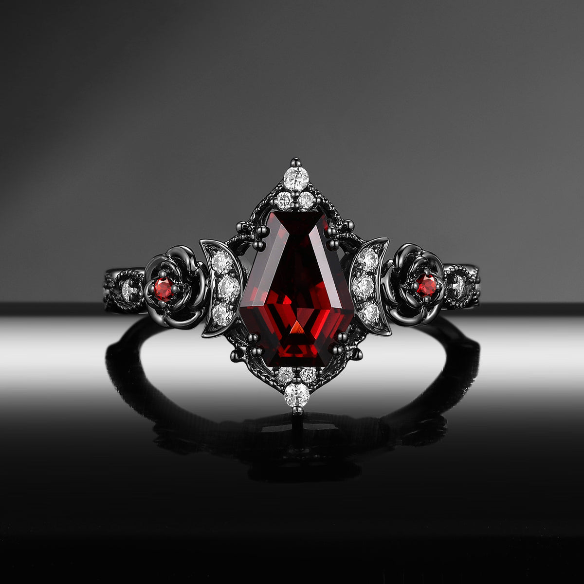 Thorns & Roses - Gothic Coffin Red Garnet Flower Engagement Ring with Rose Band