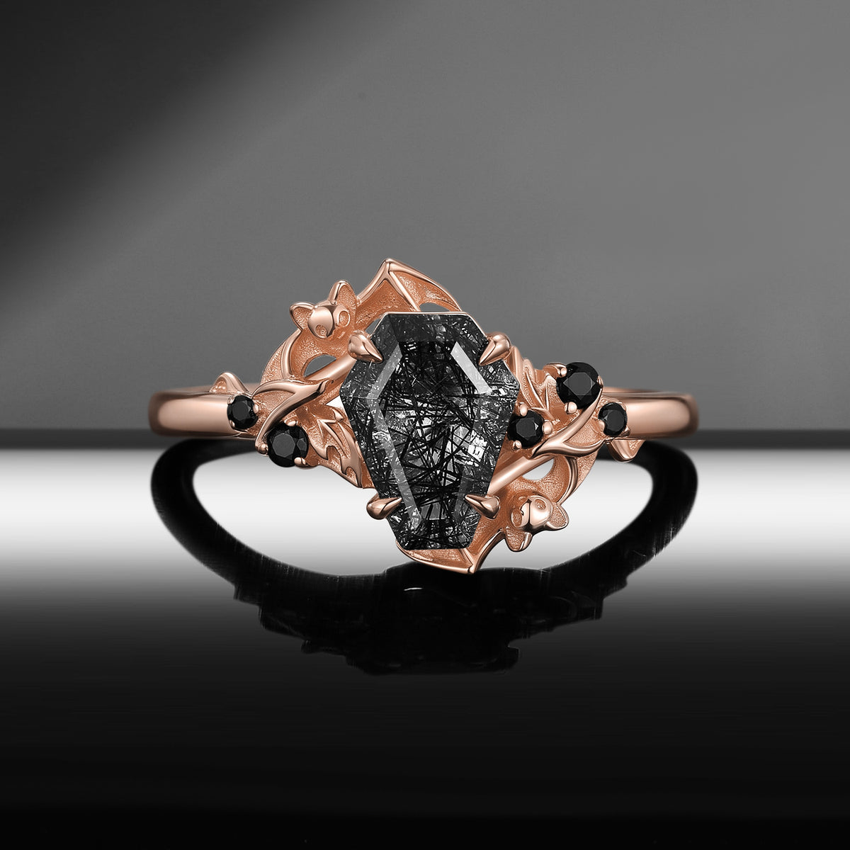 Bat Ring – Gothic Coffin Cut Black Rutilated Quartz Engagement Ring with Bat Sculpted Band
