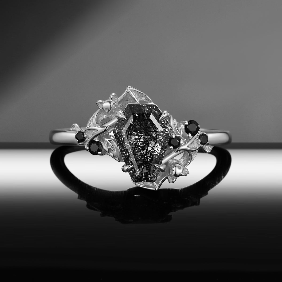 Bat Ring – Gothic Coffin Cut Black Rutilated Quartz Engagement Ring with Bat Sculpted Band