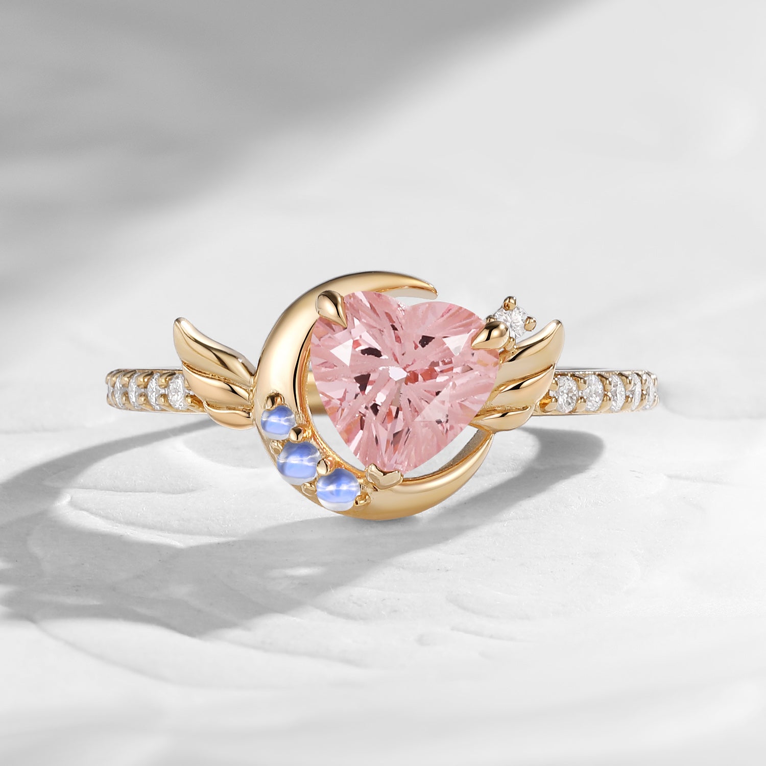 'Moonlit Embrace' - Firework Cut Heart Lab Pink Sapphire Crescent Moon Engagement Ring with Angle Wing