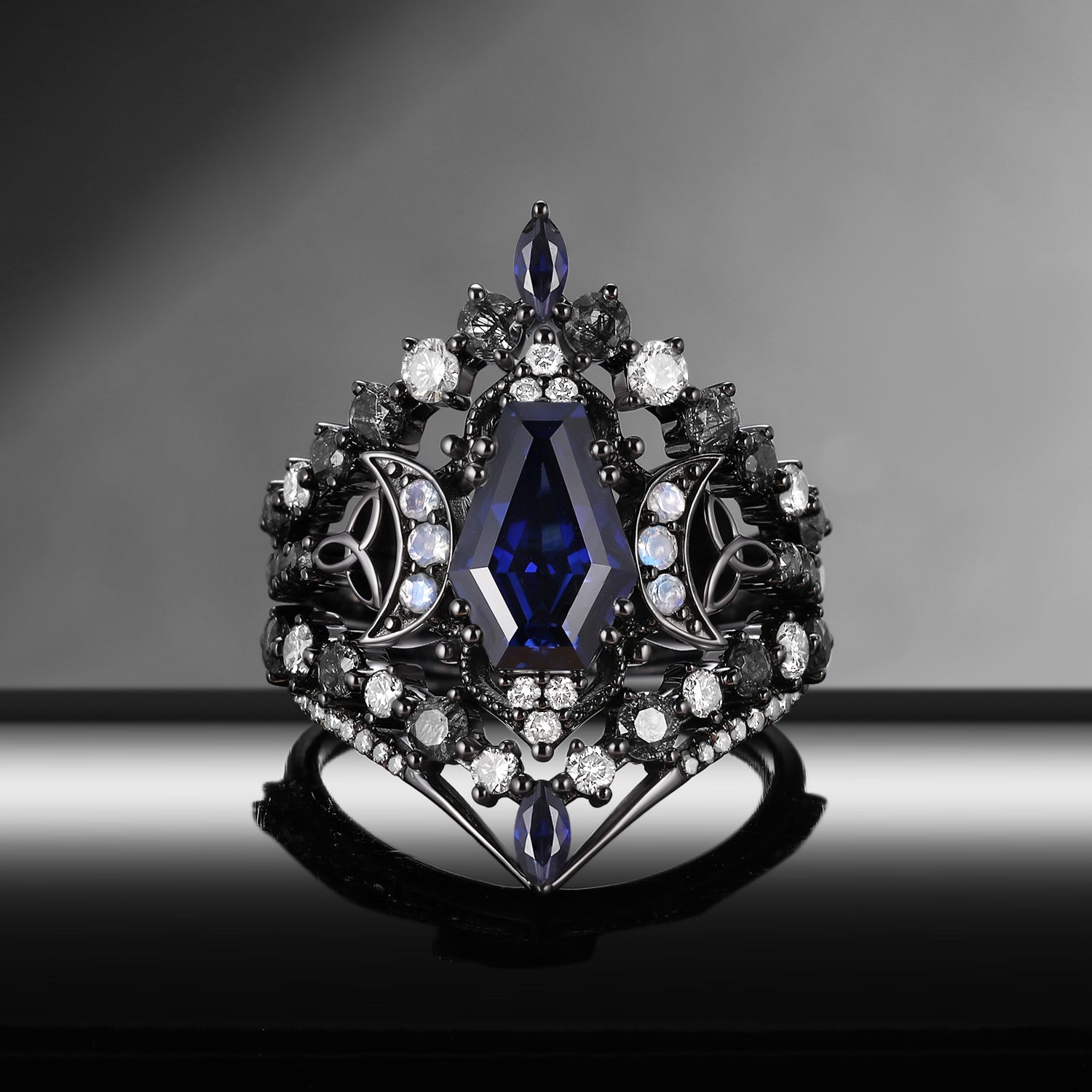 Celtic Moon - Gothic Coffin Cut Blue Lab Sapphire Infinity Moon Engagement Ring Set