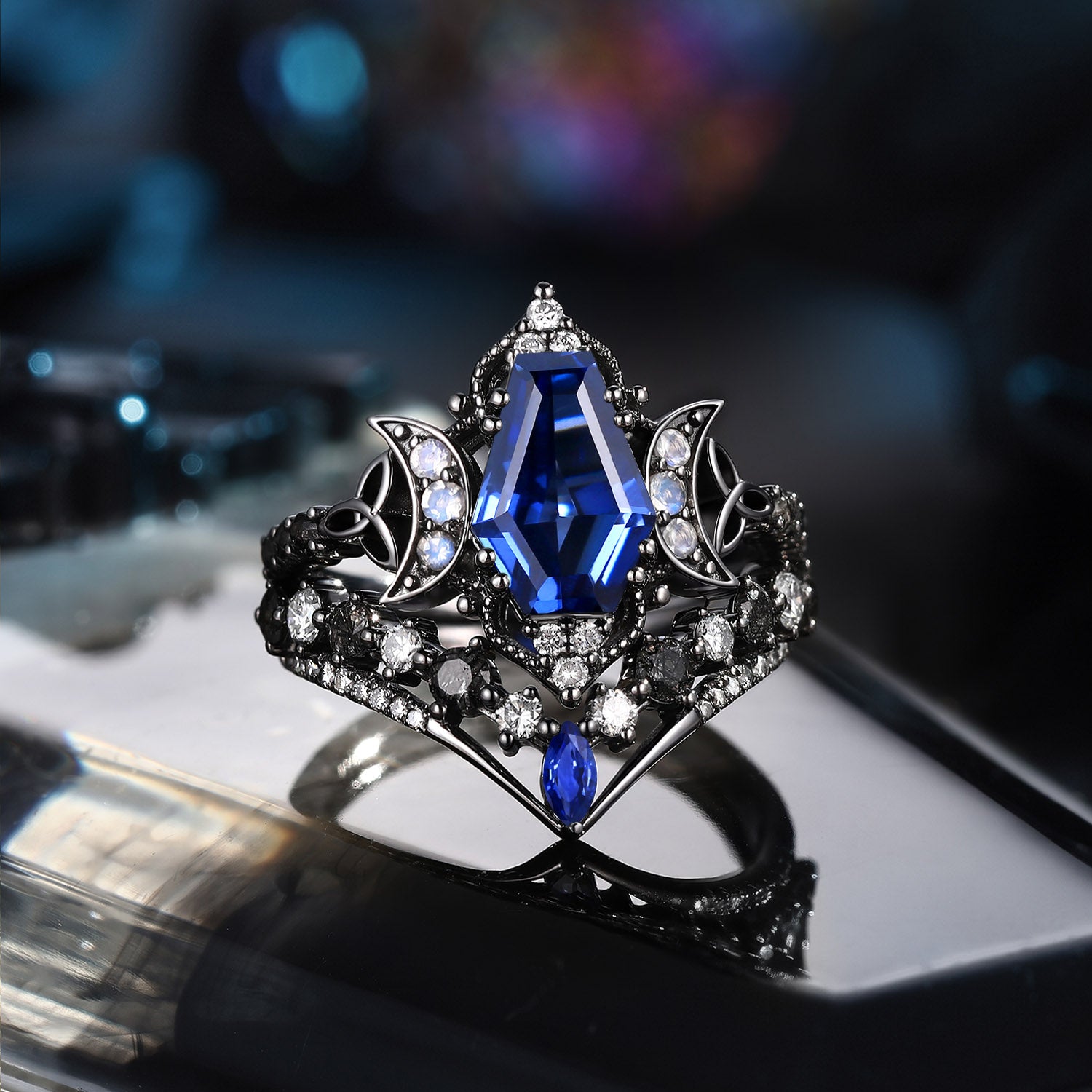Celtic Moon - Gothic Coffin Cut Blue Lab Sapphire Crescent Moon Engagement Ring Set