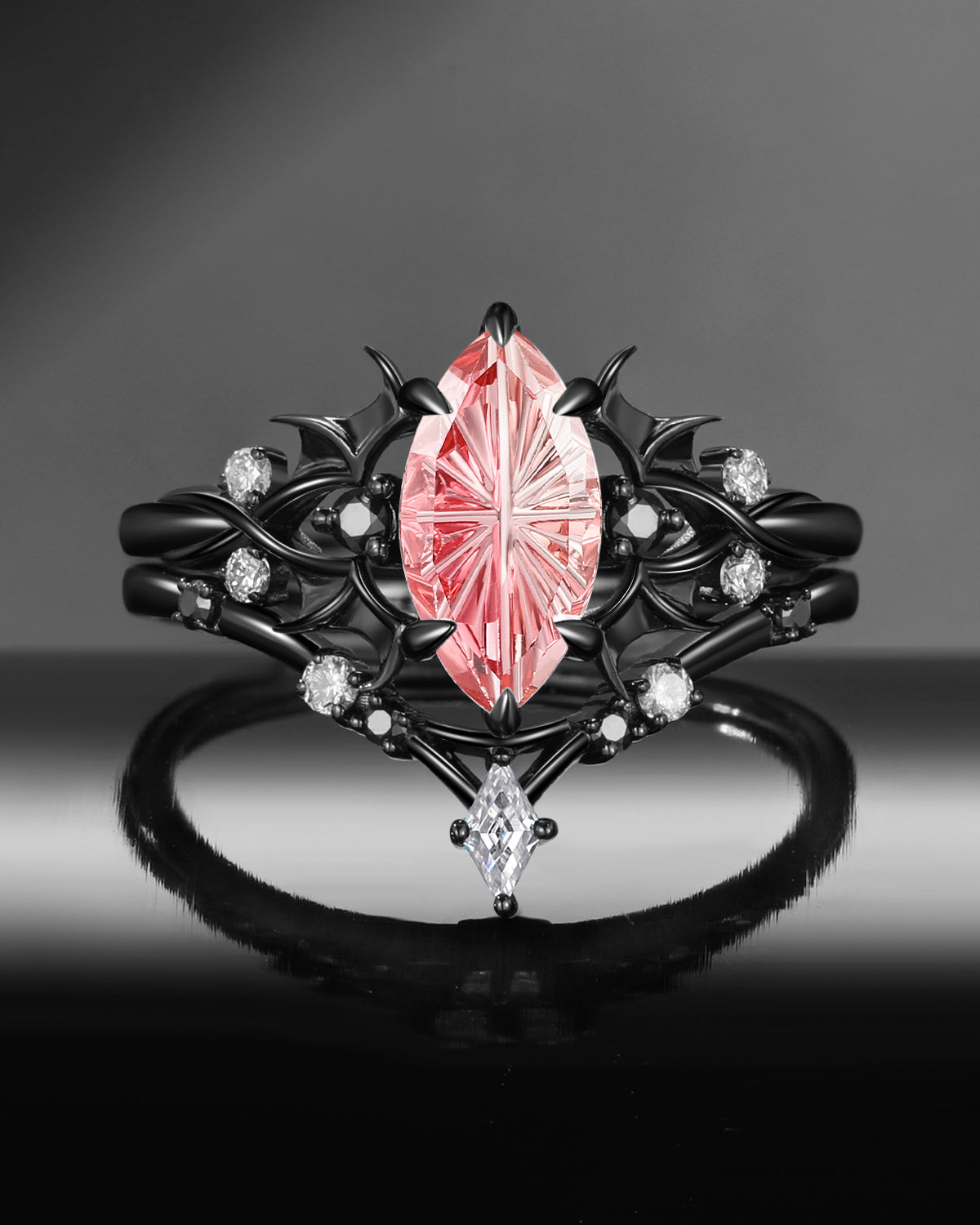 Gothic Inspired Marquise Moissanite Black Gold Infinity Engagement Ring Set 2pcs - Night Court