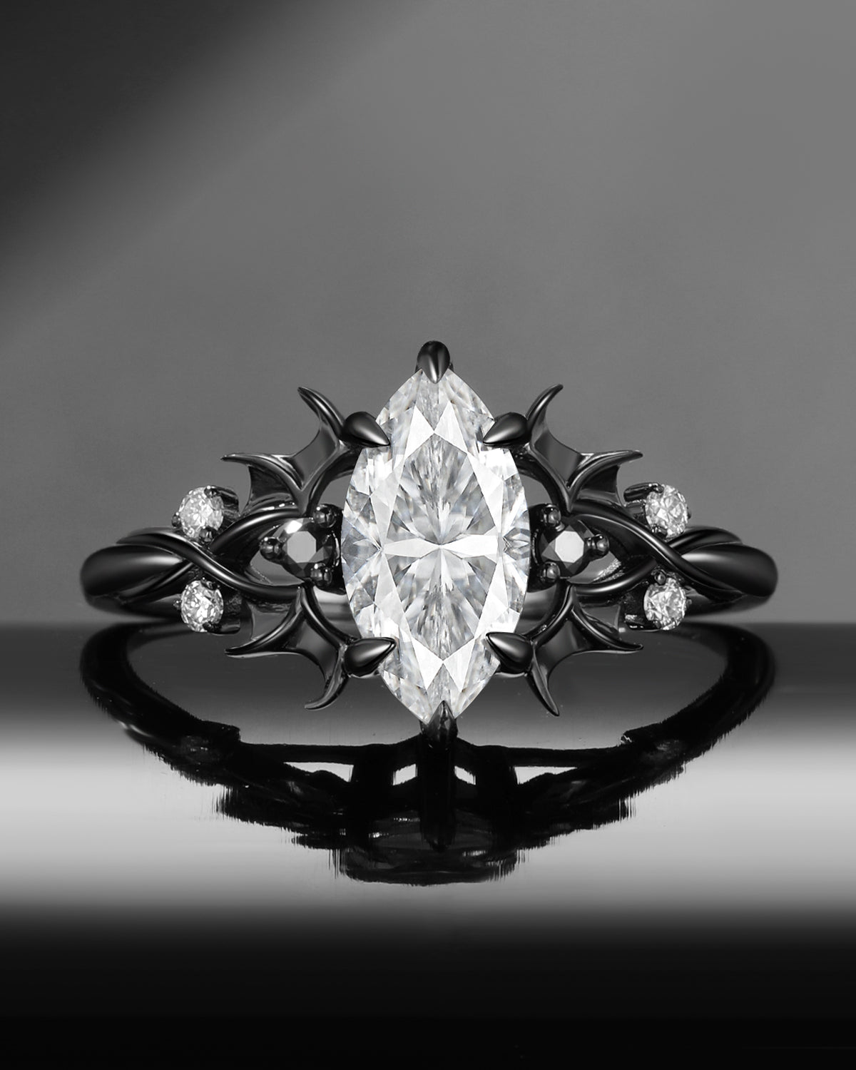 Gothic Inspired Marquise Moissanite Black Gold Infinity Engagement Ring - Night Court