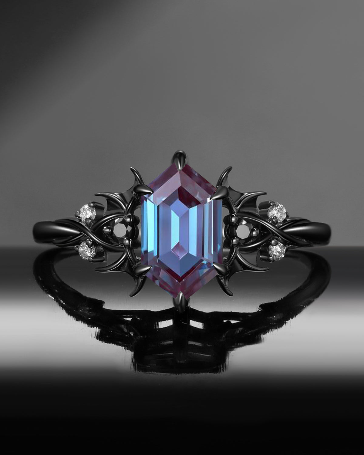 Gothic Inspired Long Hexagon Lab Alexandrite Black Gold Infinity Engagement Ring - Night Court