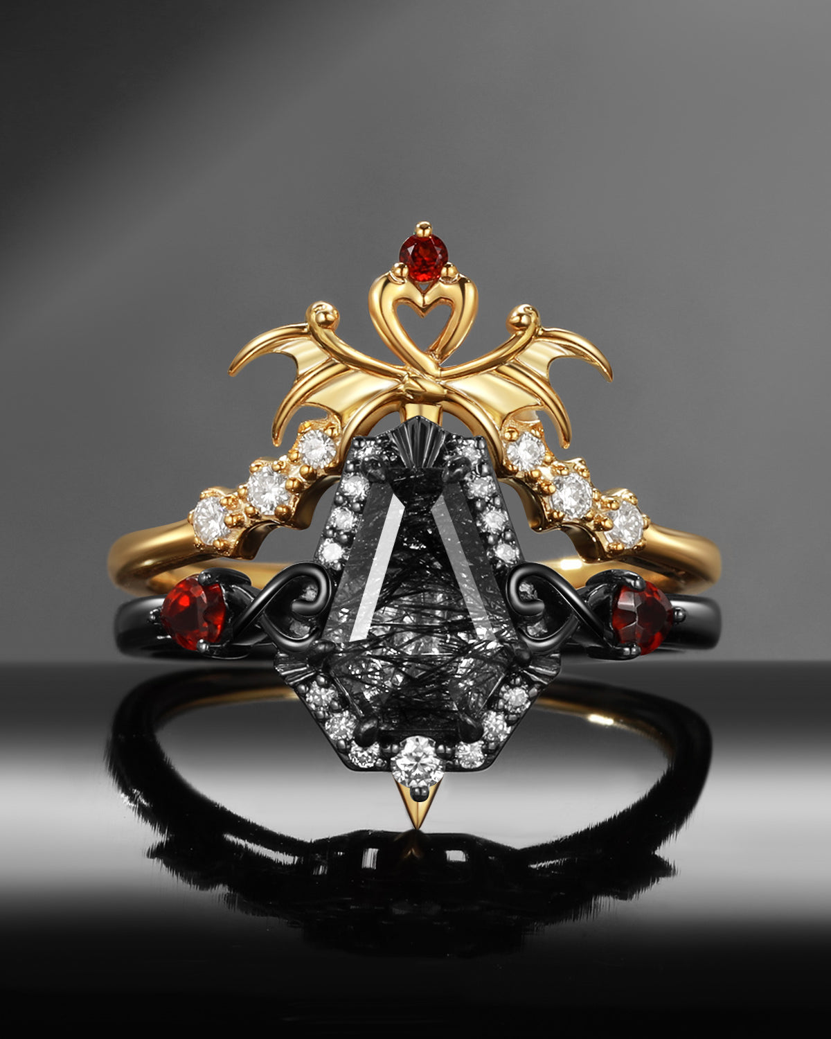 Gothic Bat Wing Inspired Coffin Black Rutilated Quartz Two-Tone Bridal Set 2pcs - "Dark Arrow of Love"