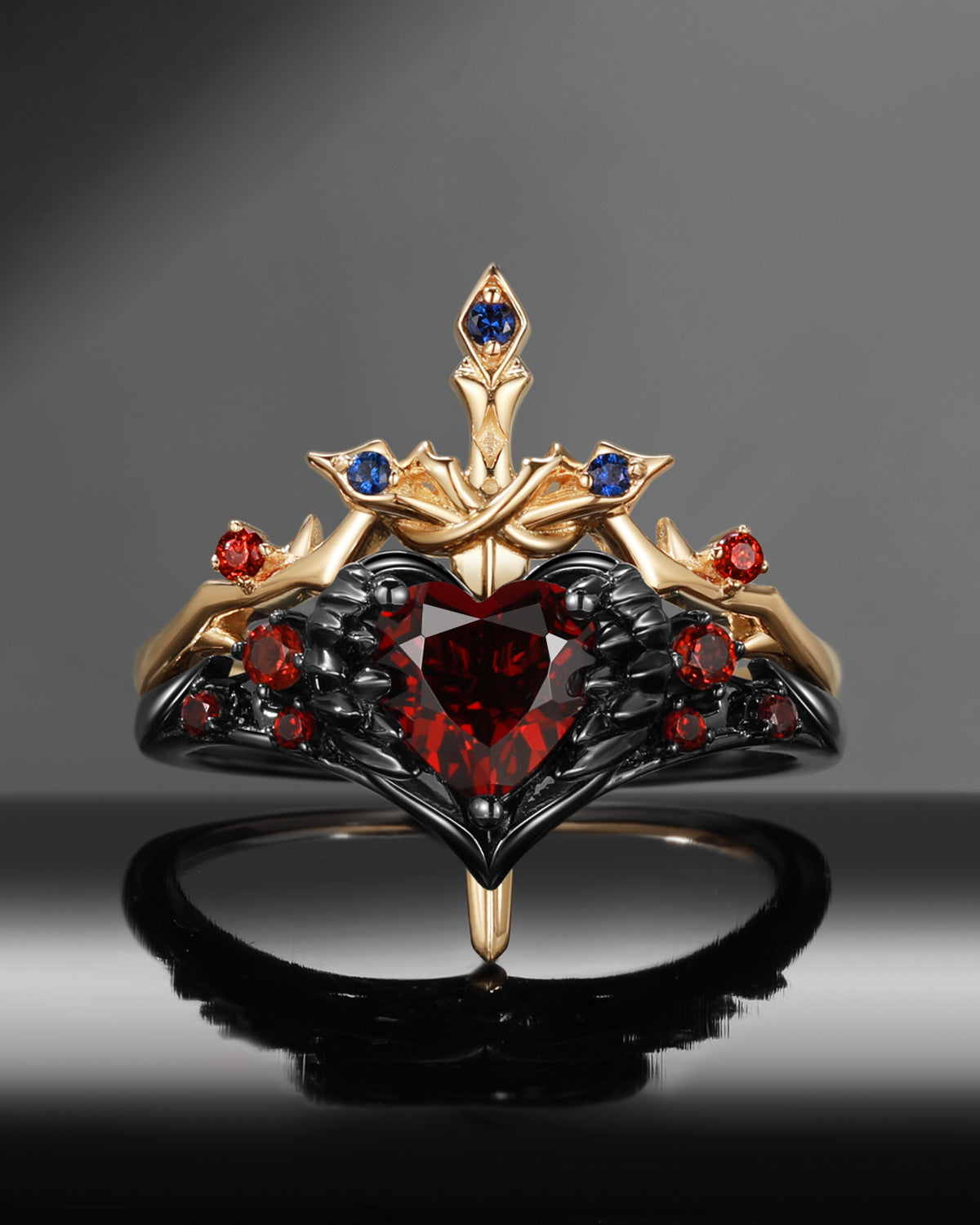 Gothic Style Garnet Heart Sword Ring Two-Tone Bridal Set 2pcs - 'Pierced Heart'