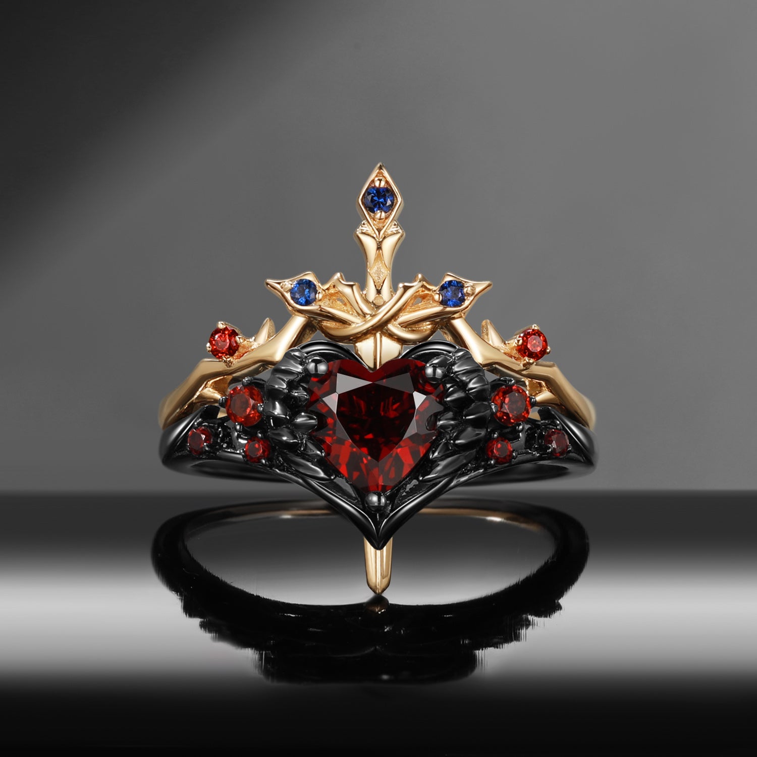 Gothic Style Garnet Heart Sword Ring Two-Tone Bridal Set 2pcs - 'Pierced Heart'