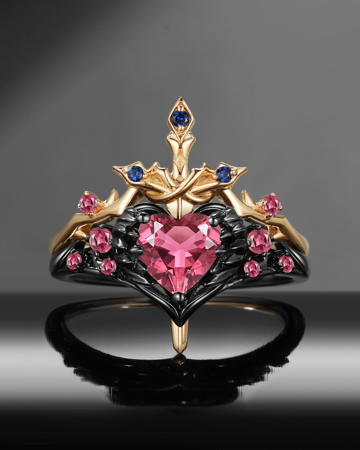 'Pierced Heart' - Gothic Inspired Natural Pink Tourmaline Heart Sword Ring Two-Tone Bridal Set