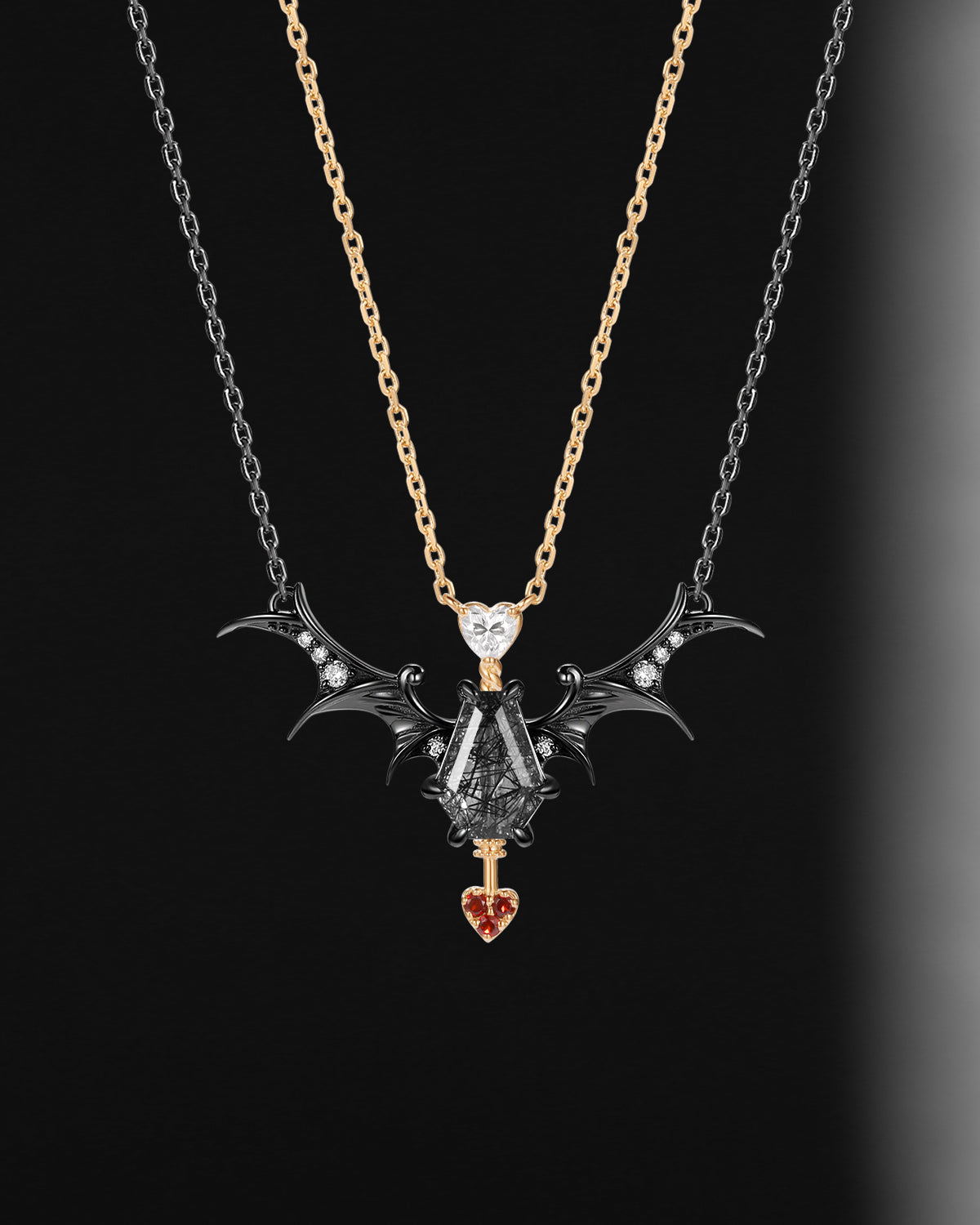 Gothic Style Coffin Black Rutilated Quartz Two-Tone Bat Wing Couple Necklaces Set 2pcs - 'Dark Arrow of Love'