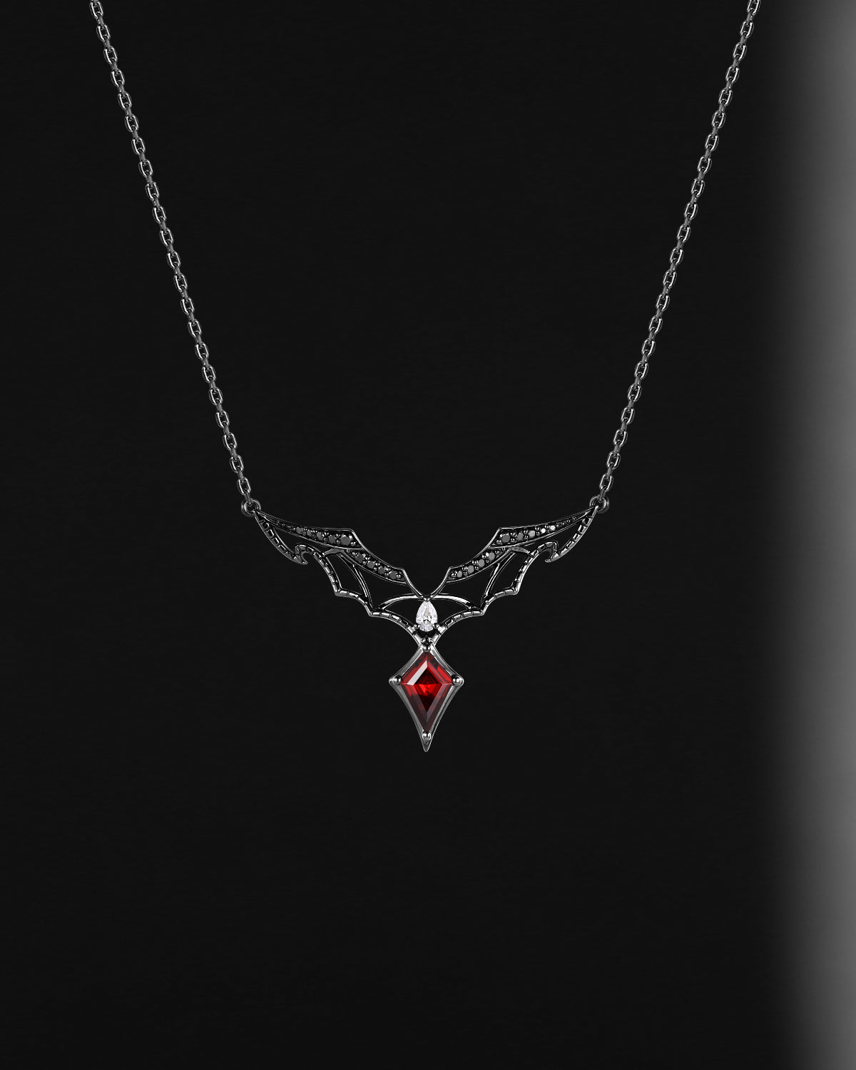 Unique Gothic Kite Cut Garnet Dark Elegance Bat Wing Necklace