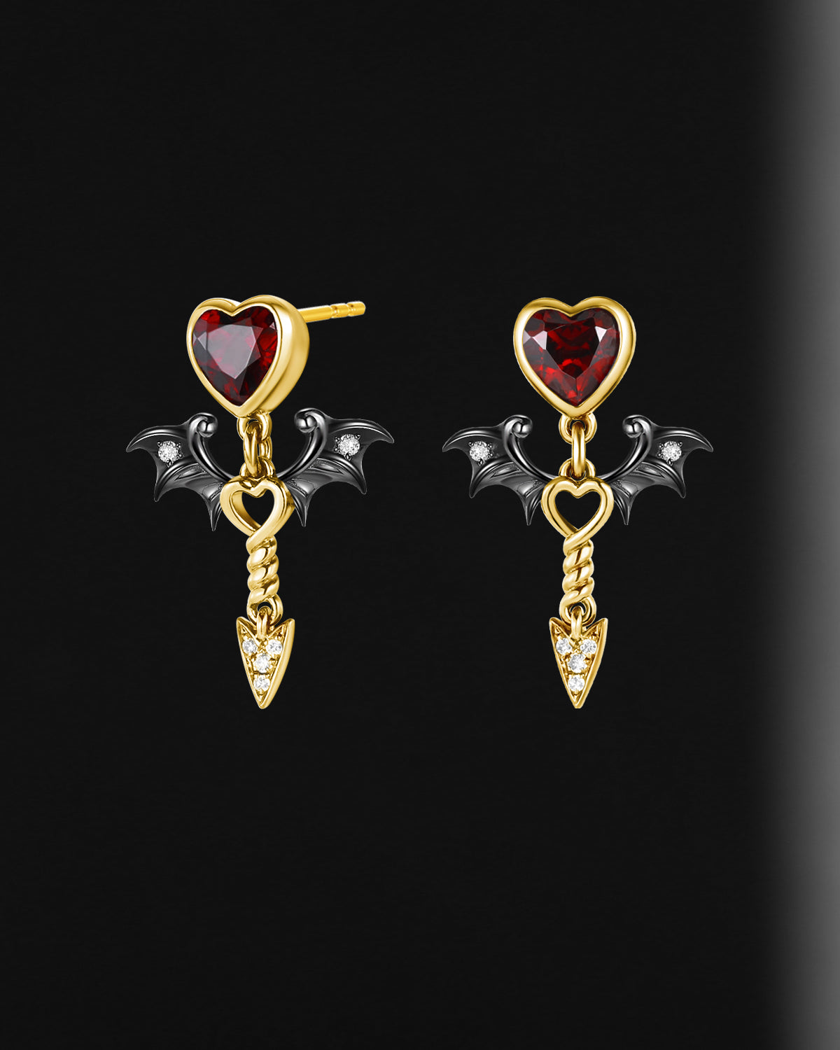 Gothic Bat Inspired Heart Shaped Garnet Earrings - Cupid's Arrow