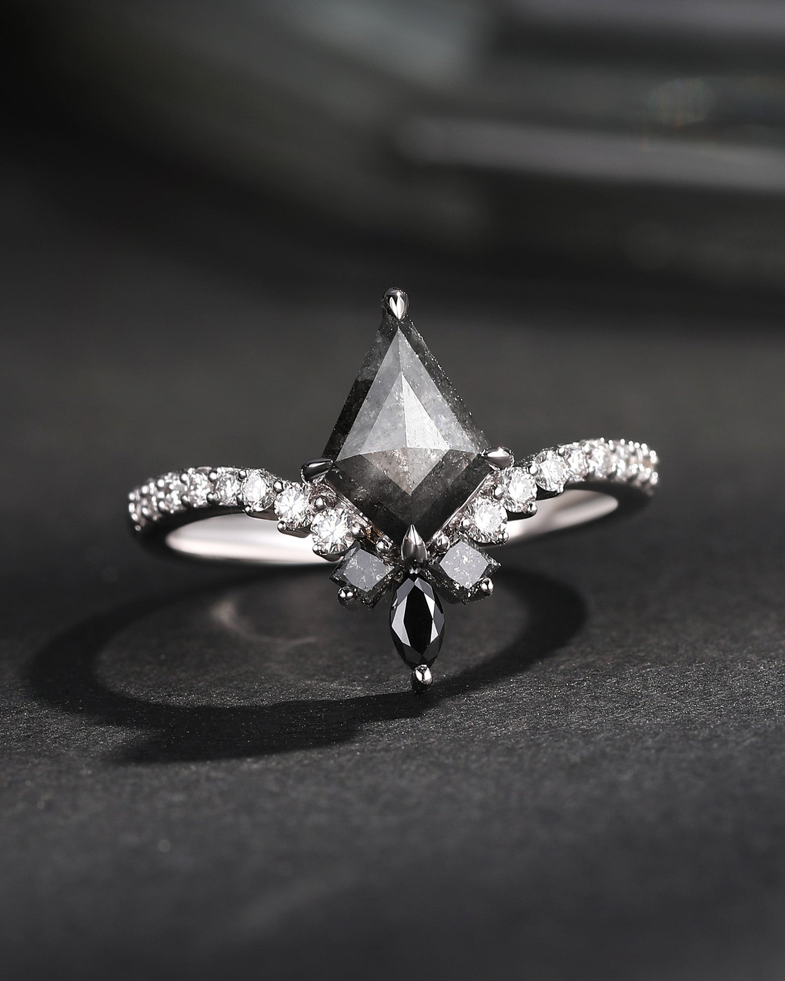 Art Deco Kite Cut Natural Salt & Pepper Diamond Engagement Ring – Chevron Band with Diamond Accents