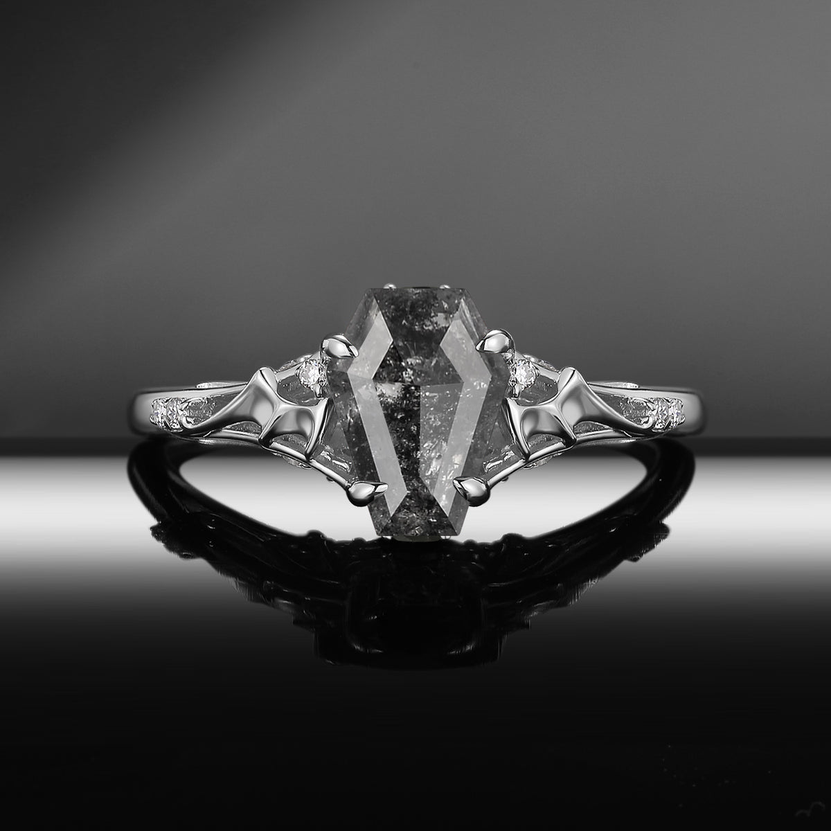 Bat Ring - Gothic Coffin Cut Salt & Pepper Diamond Engagement Ring with Hidden Bat Gallery