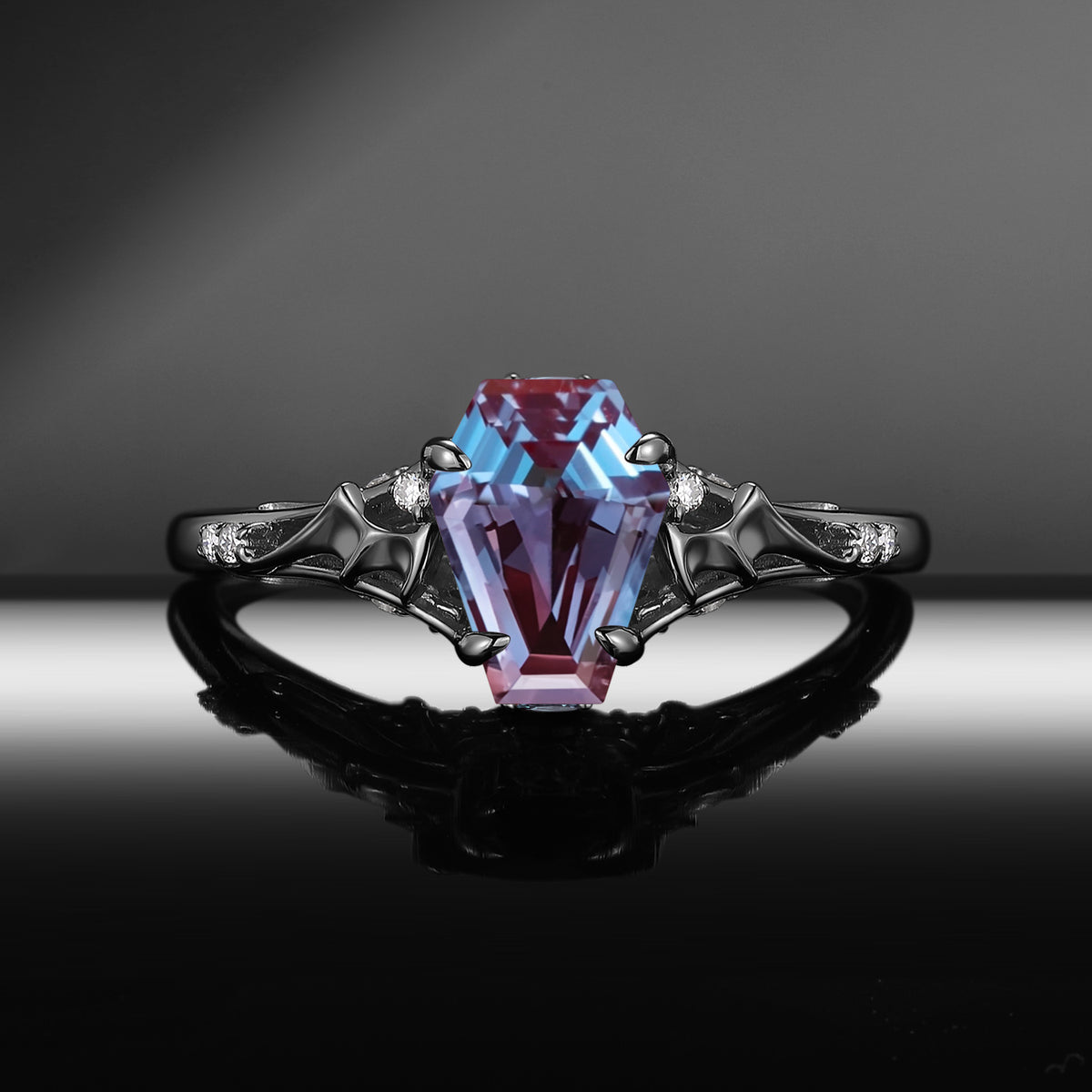 Bat Ring - Gothic Coffin Cut Lab Alexandrite Engagement Ring with Hidden Bat Gallery