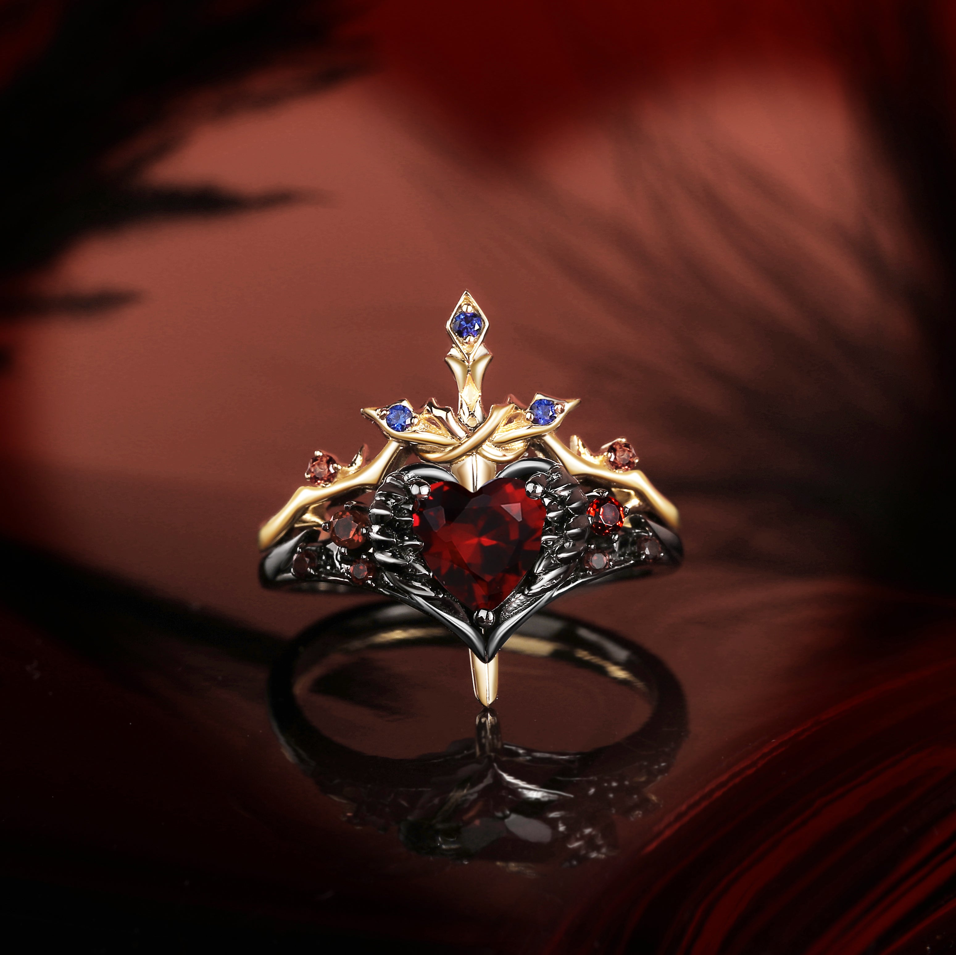Gothic Style Garnet Heart Sword Ring Two-Tone Bridal Set 2pcs - 'Pierced Heart'