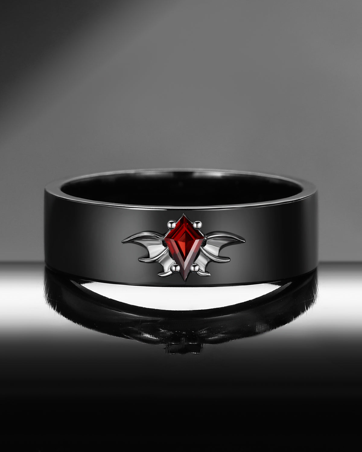 Gothic Bat Inspired Kite Cut Garnet Black Gold Wedding Band