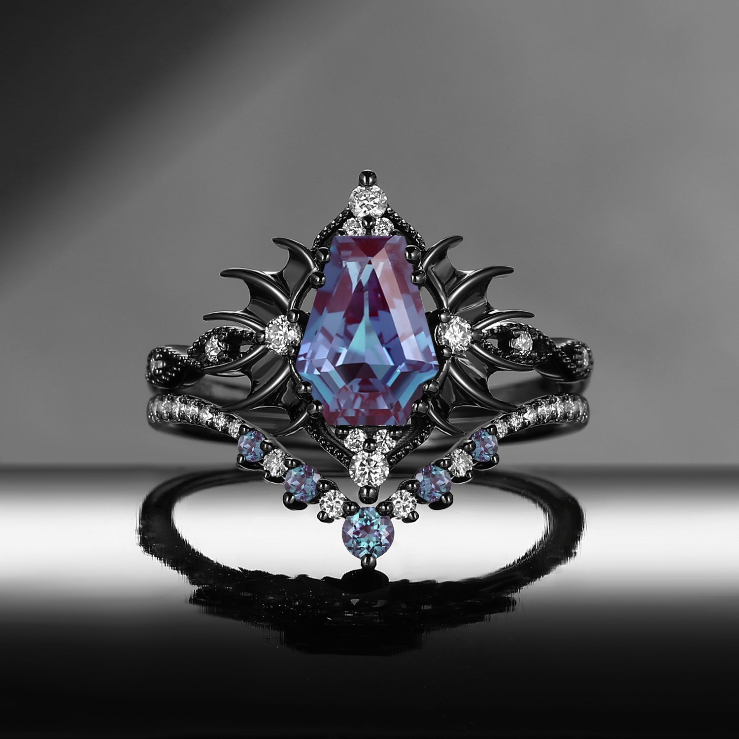 'Angel in Disguise' - Gothic Coffin Color-Changing Lab Alexandrite Vintage Bat Engagement Ring Set with Bat Wing Detailing