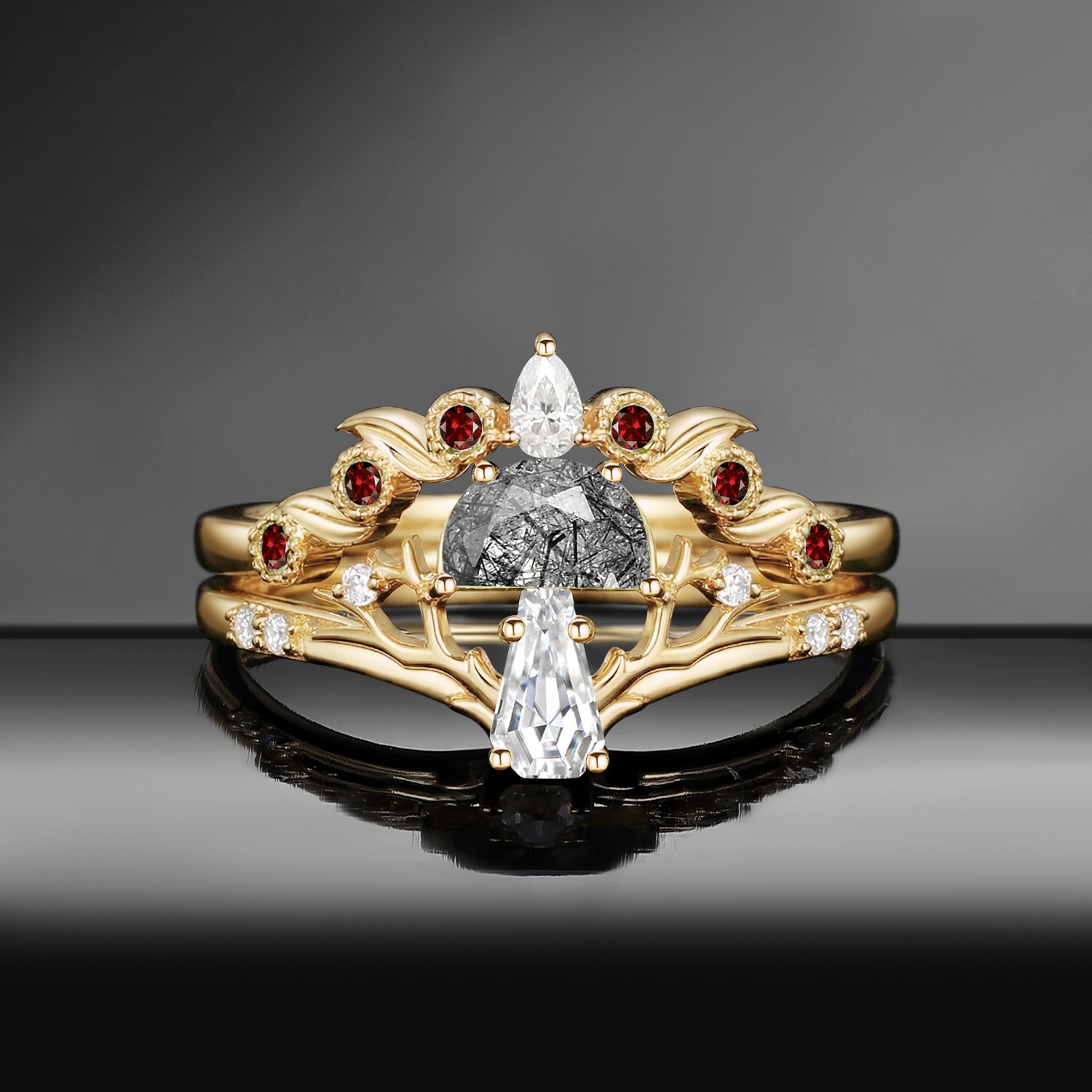 Tree of Life – Nature Inspired Half Moon Black Rutilated Quartz & Coffin Moissanite Mushroom Engagement Ring Set