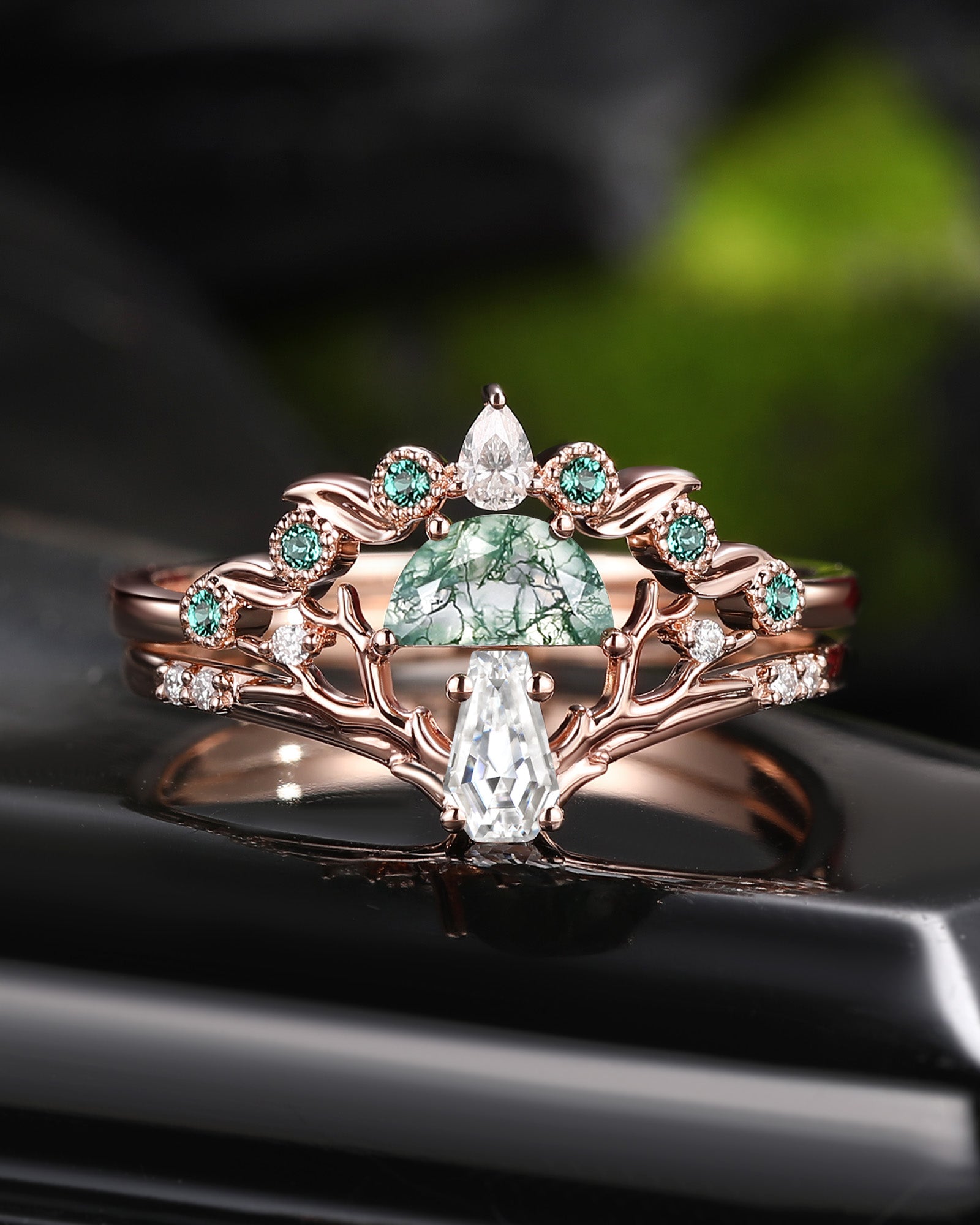 Half Moon Moss Agate + Coffin Cut Moissanite 'Tree of Life' Mushroom Engagement Ring Set 2pcs