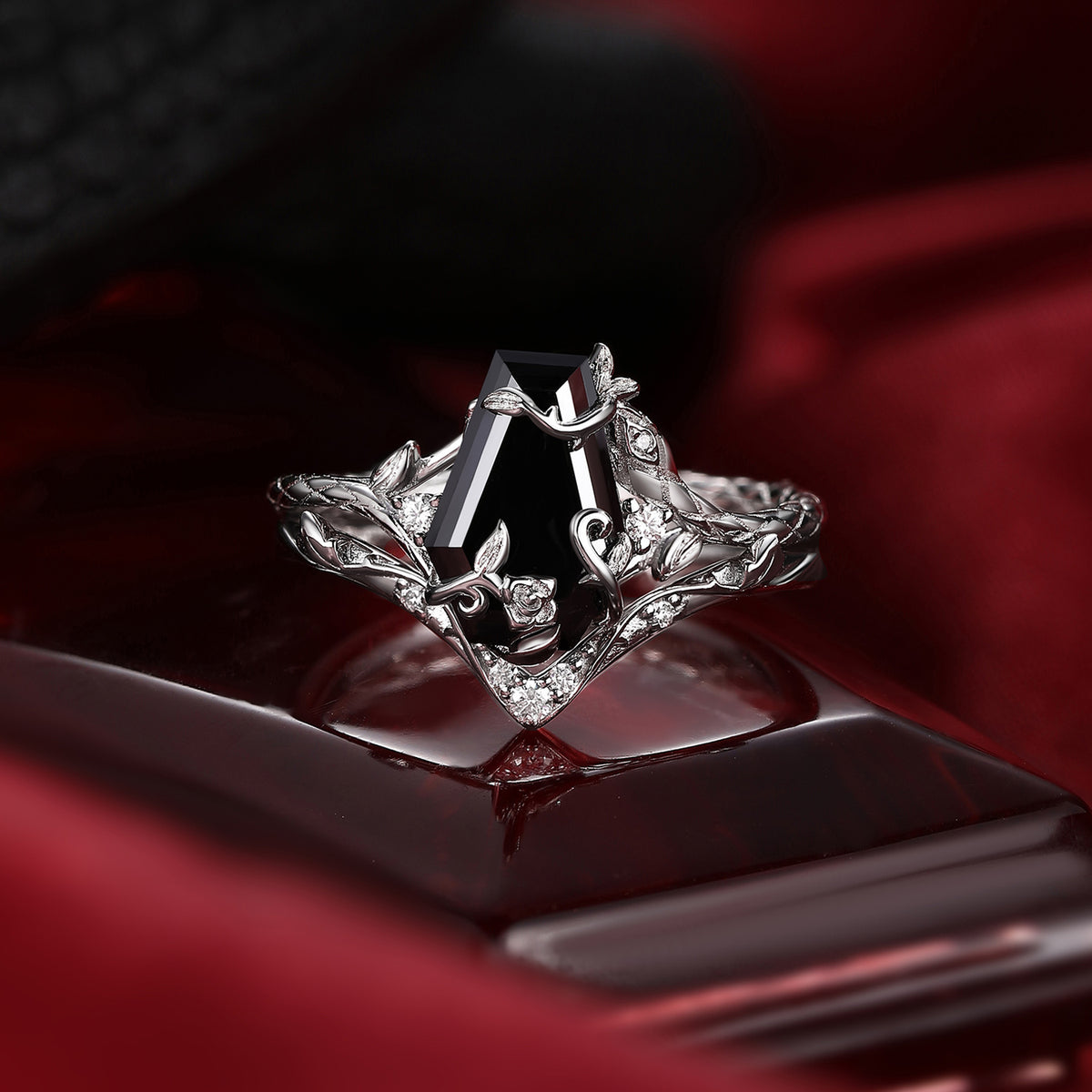 'Serpent's Bloom' - Gothic Coffin Cut Black Moissanite Snake Ring Set with Rose Detailing