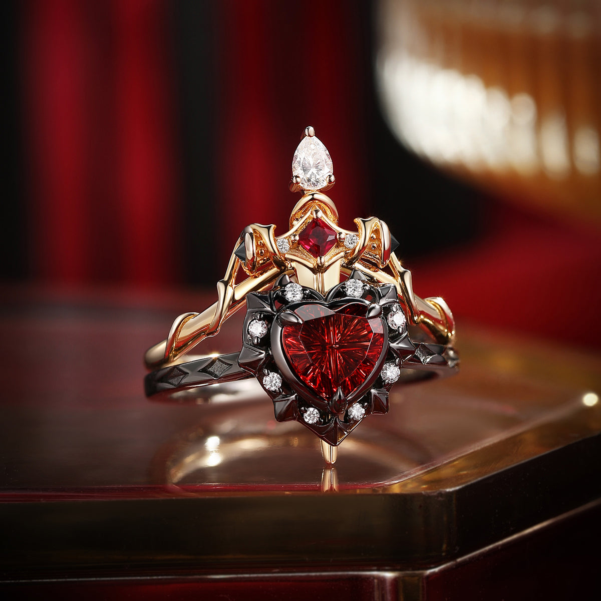 'Cupid's Arrow' - Fantasy Cut Garnet Heart Sword Two-Tone Ring Set
