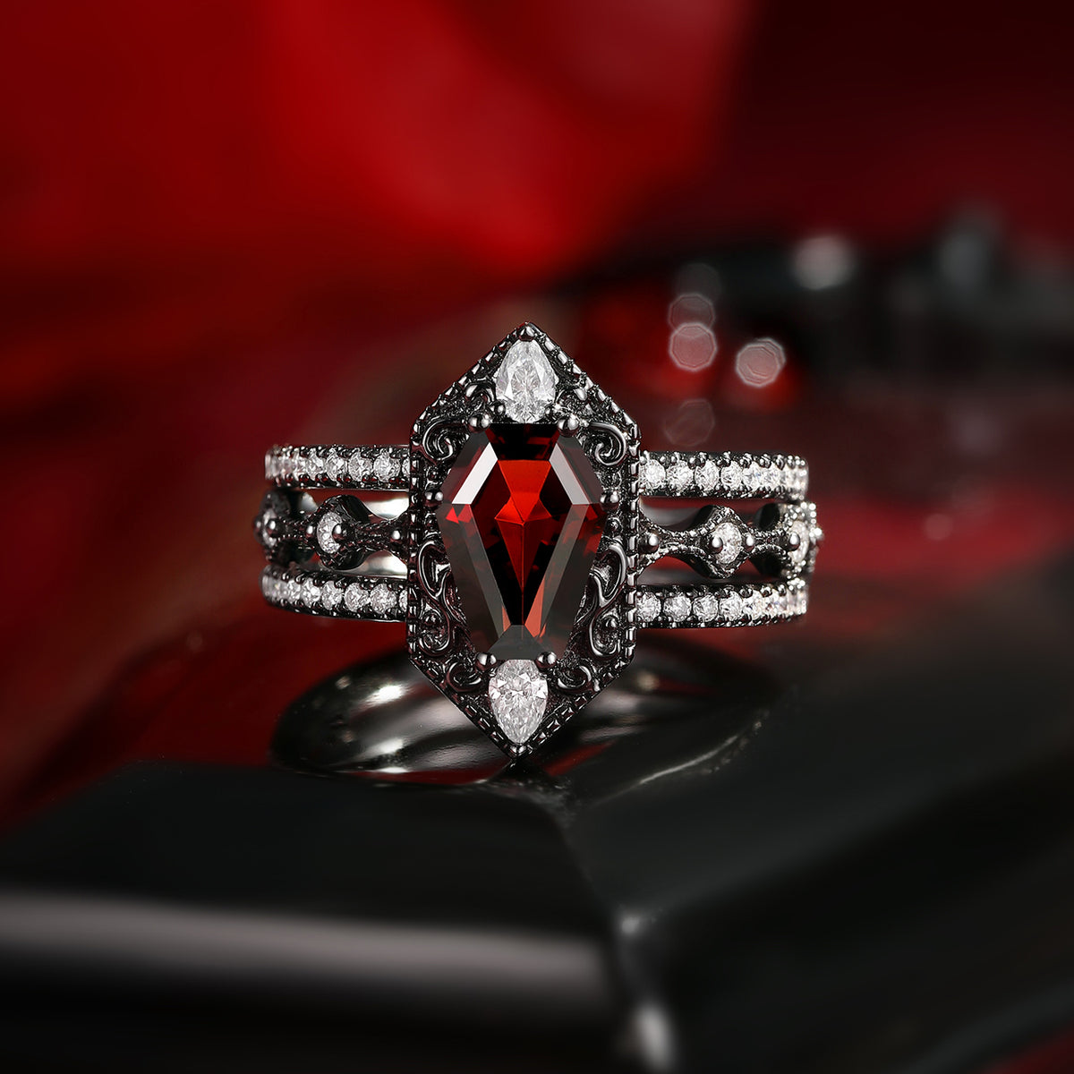 Fallen Aegis 'Vampire Shield' – Gothic Coffin Garnet Engagement Ring Set with Vintage Filigree Engraving