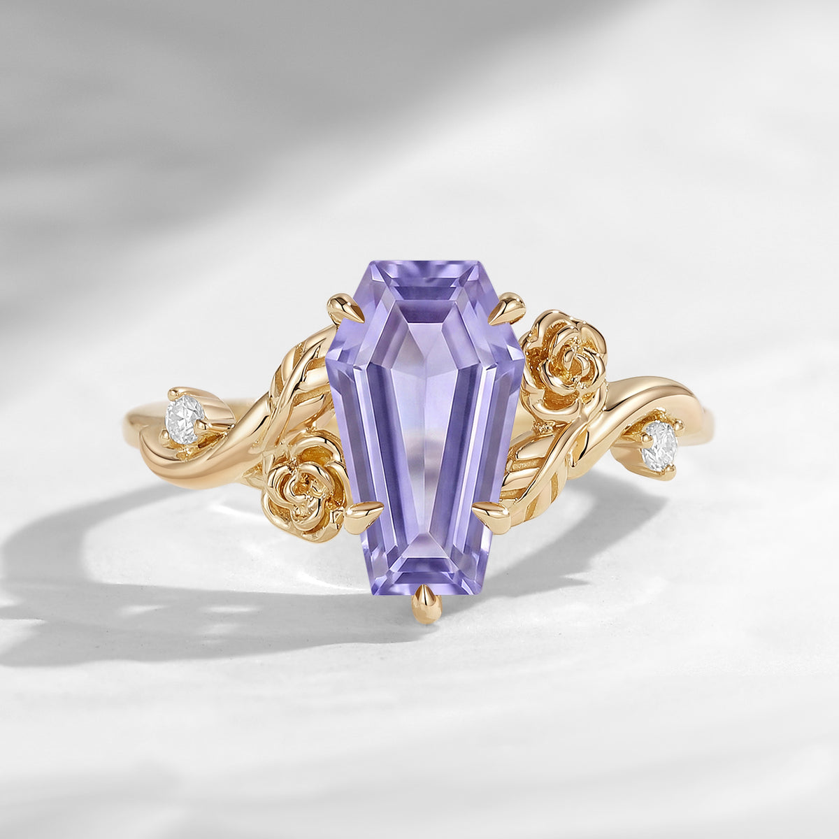 'A Rose Is A Rose Is A Rose' - Nature Inspired Coffin Lab Lavender Sapphire Romantic Rose Flower Engagement Ring with Rose-inspired Band