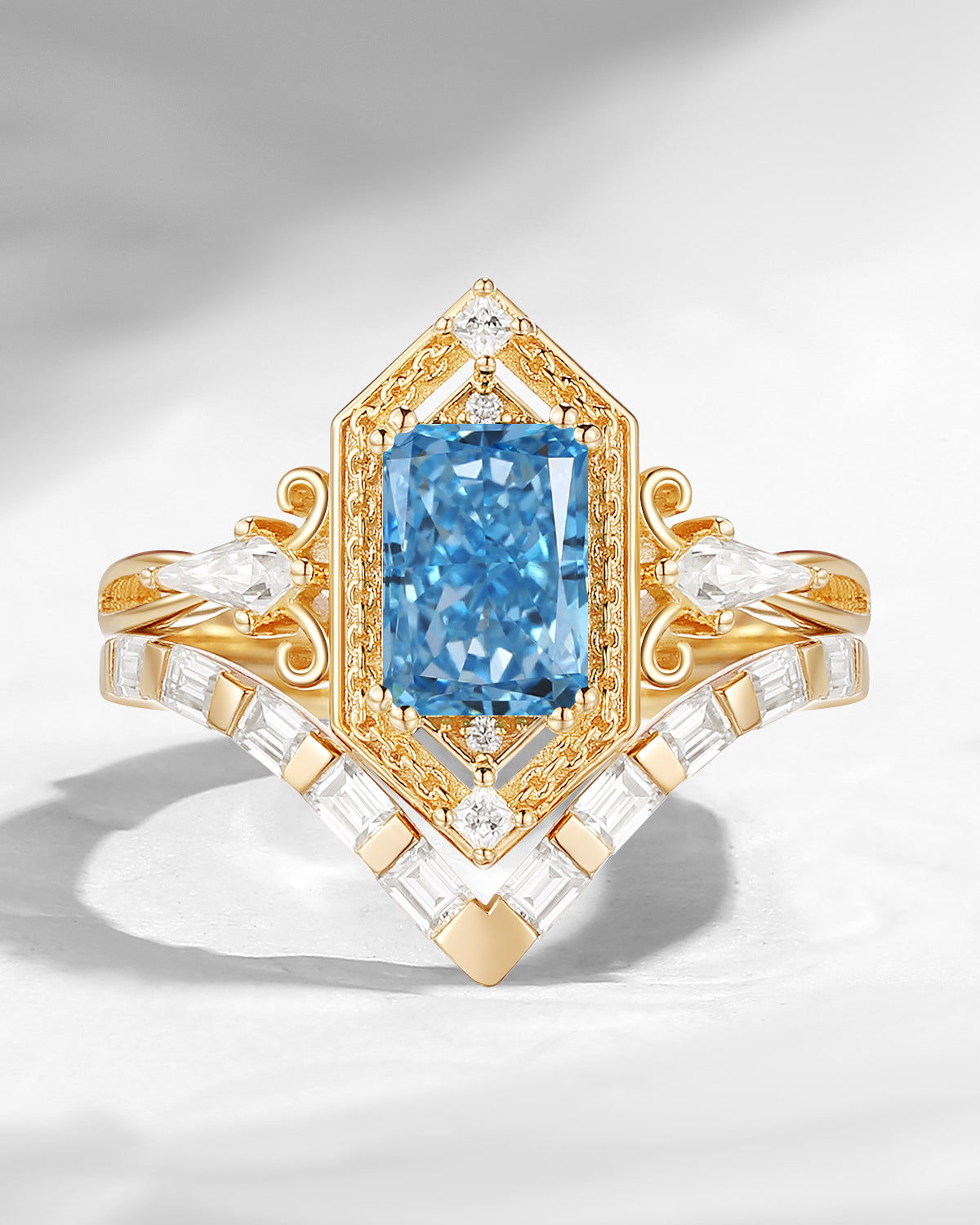 Vintage Inspired Emerald Cut Lab Blue Diamond Maximalist Engagement Ring Bridal Set 2pcs