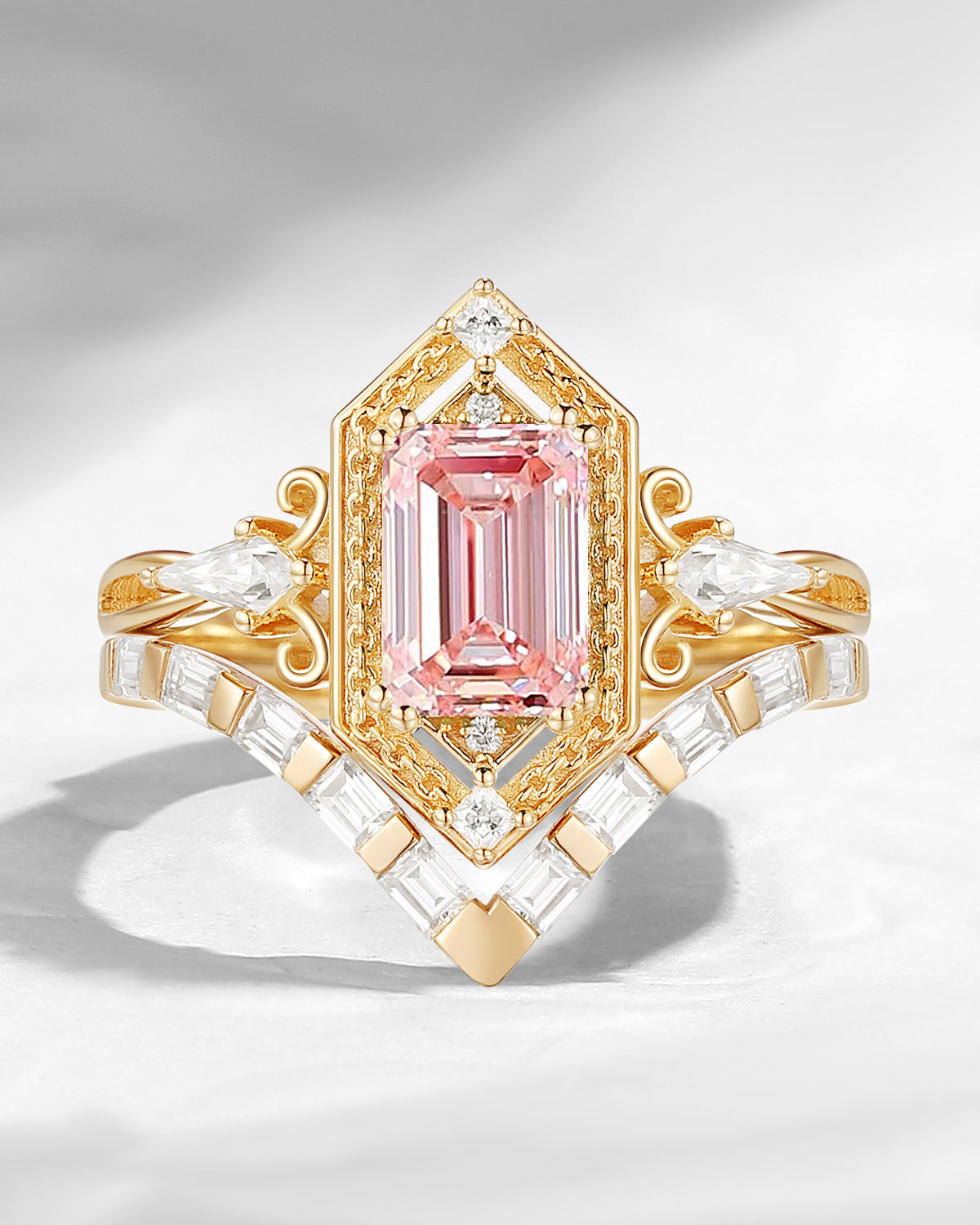 Vintage Inspired Emerald Cut Lab Pink Diamond Maximalist Engagement Ring Bridal Set 2pcs