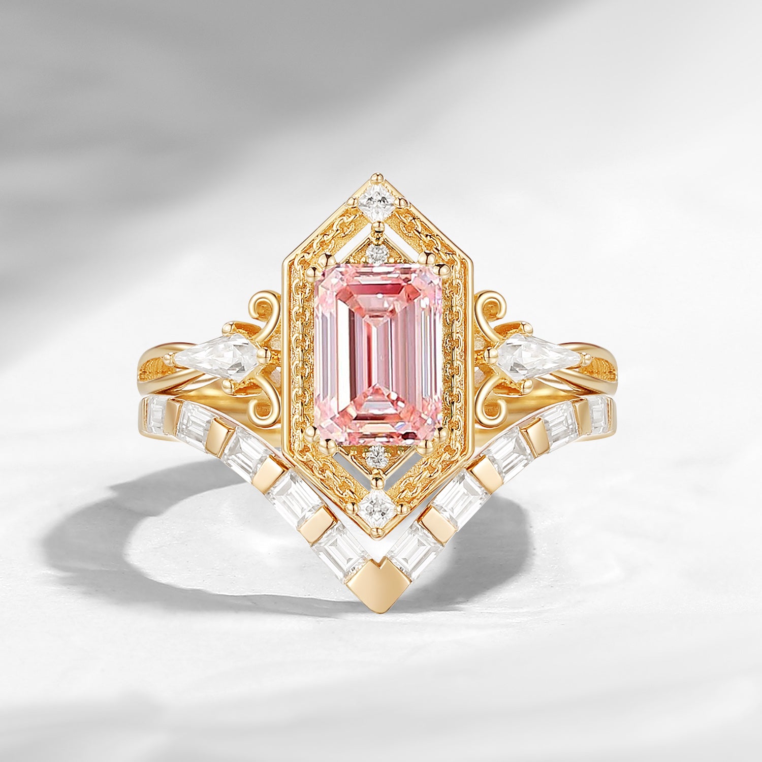 Vintage Inspired Emerald Cut Lab Pink Diamond Maximalist Engagement Ring Bridal Set 2pcs