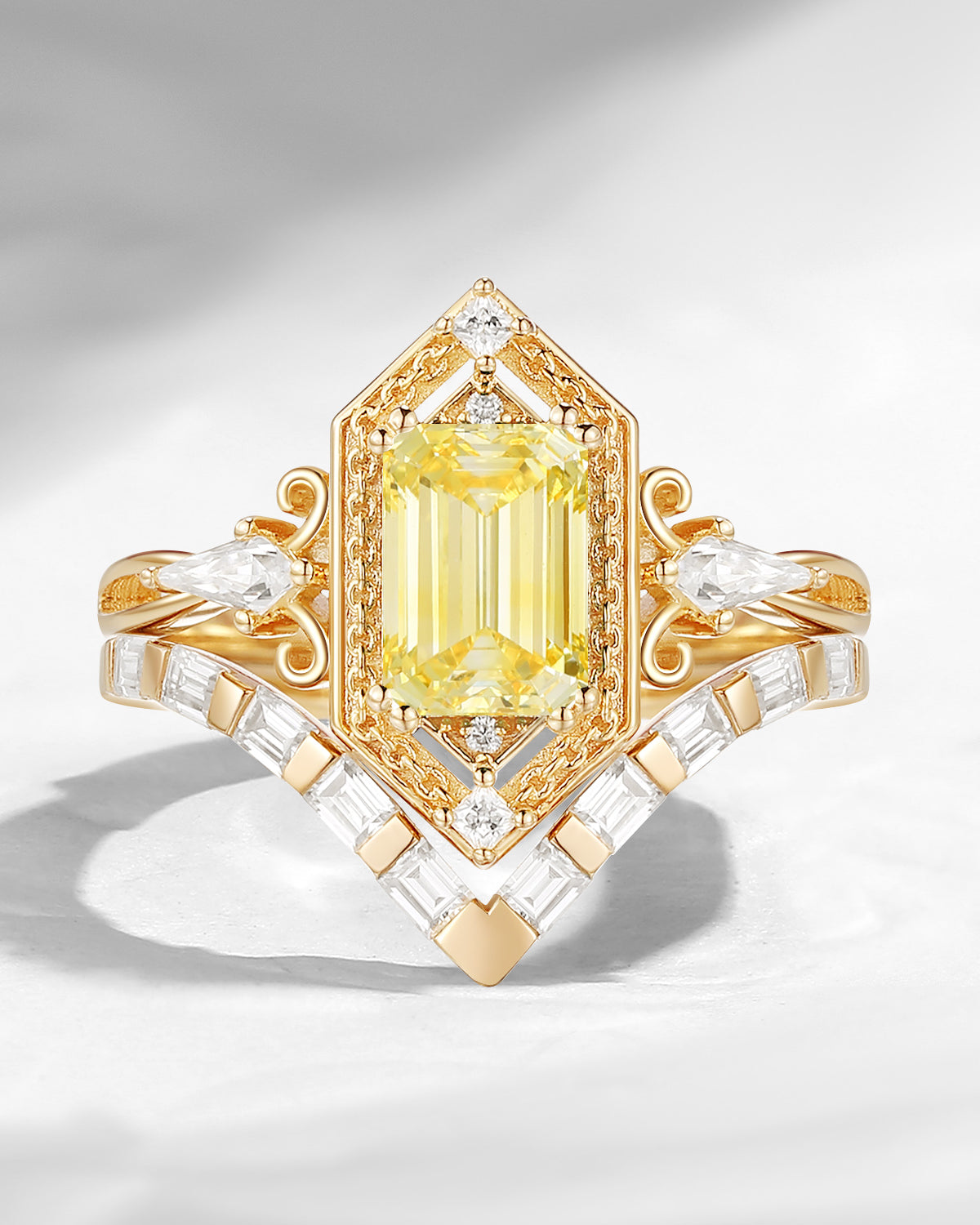 Vintage Inspired Emerald Cut Lab Yellow Diamond Maximalist Engagement Ring Bridal Set 2pcs