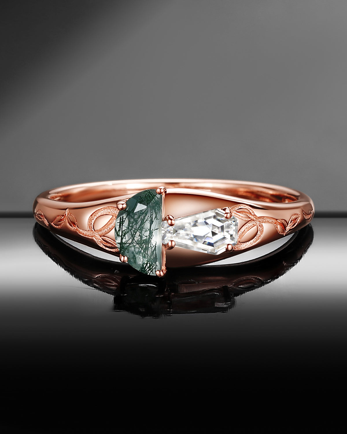 Unique Half Moon Moss Agate & Coffin Moissanite 'Tree of Life' Mushroom Ring Filigree Wedding Band