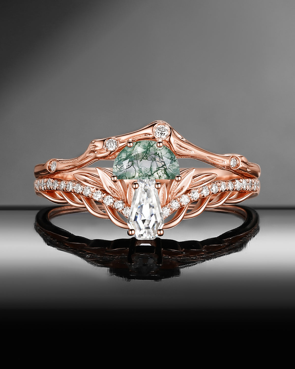 Nature Inspired Bark Textured 'Tree of Life' Half Moon Moss Agate & Coffin Moissanite Mushroom Engagement Ring Set 2pcs