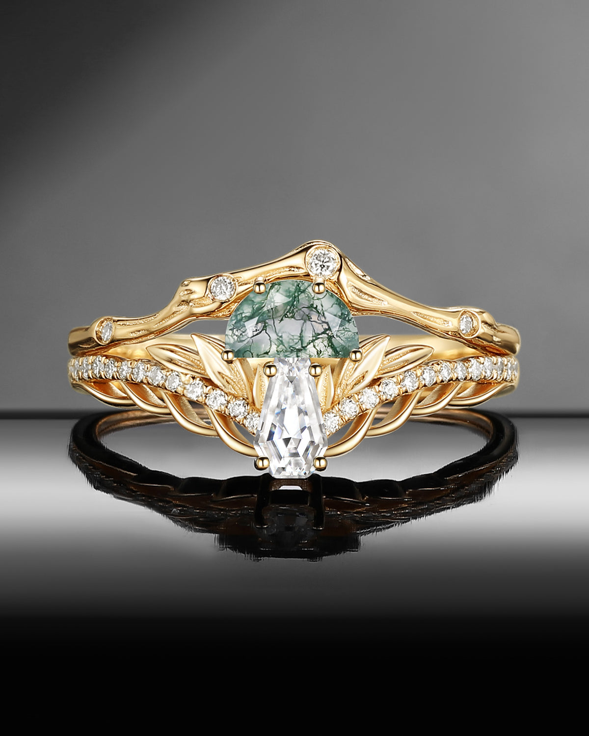 Nature Inspired Bark Texture 'Tree of Life' Half Moon Moss Agate & Coffin Moissanite Mushroom Engagement Ring Set 2pcs